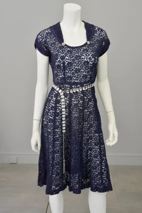 1940s Navy Blue Embroidered Lace Dress