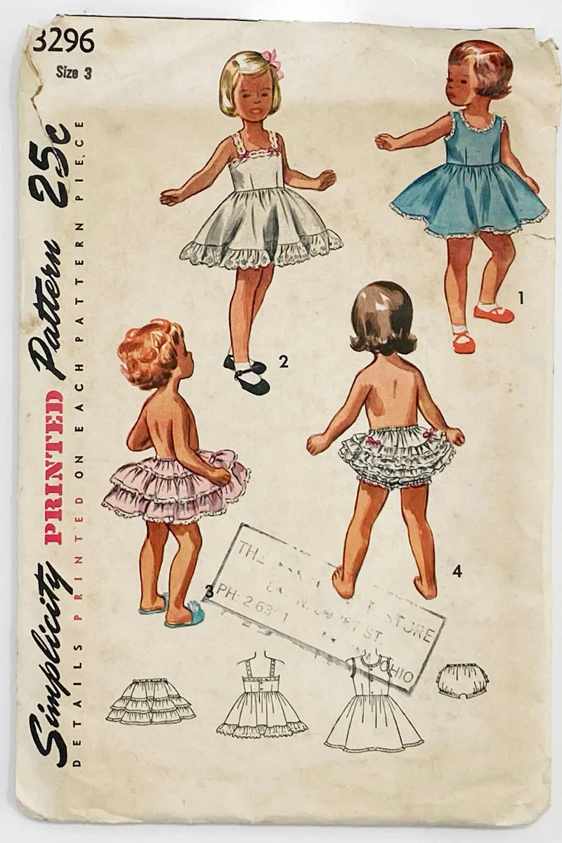 1950 Vintage Simplicity 3296 Childs Slip Petticoat & Panties Sewing Pattern