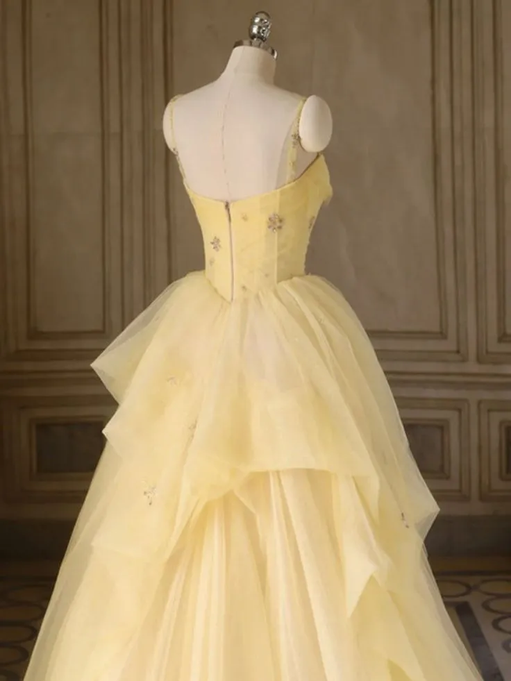 A Line Spaghetti Straps Layered Yellow Long Prom Dresses, Yellow Tulle Formal Evening Dresses, Ball Gown      fg5006