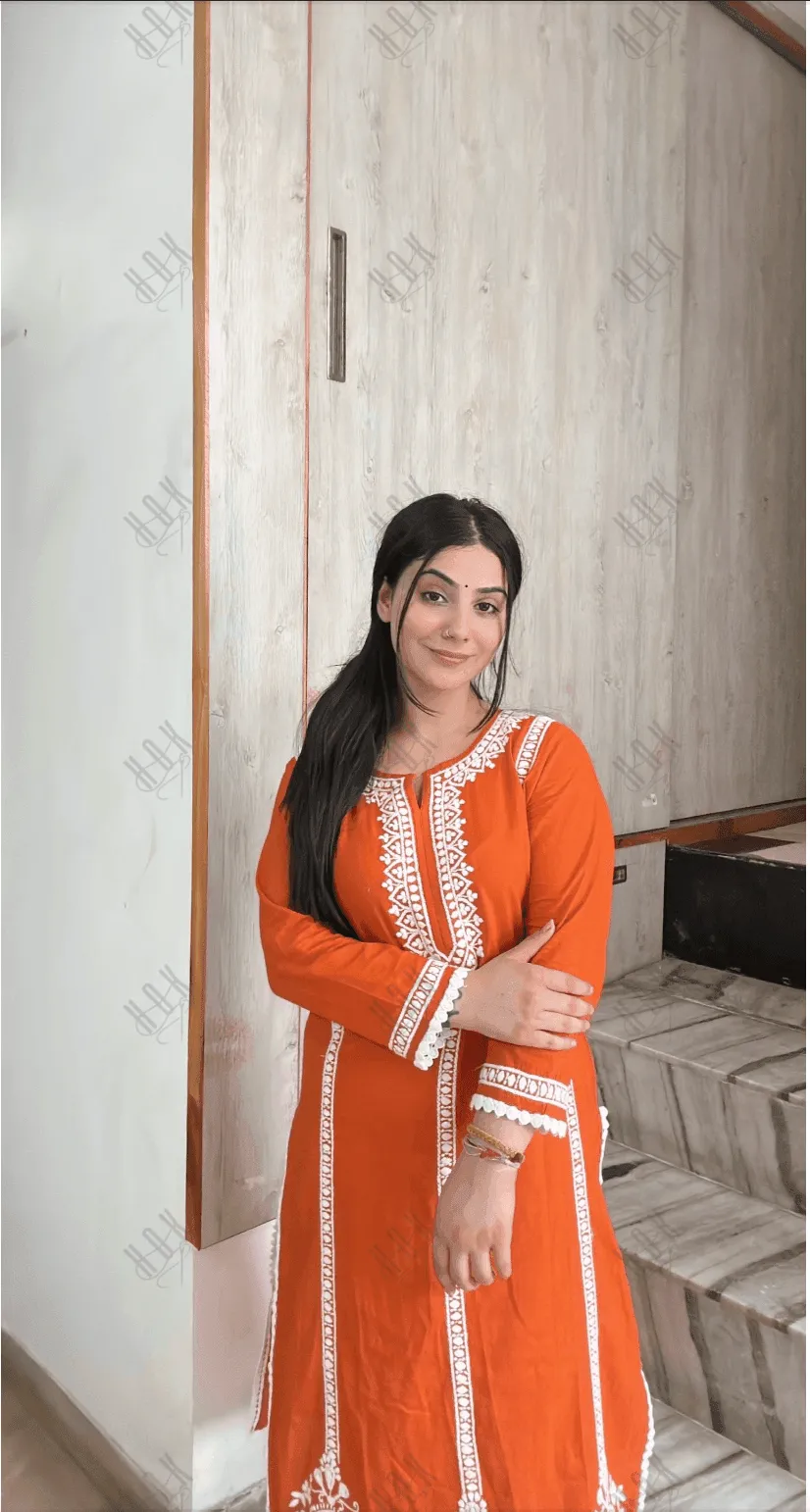 Aditi in HOK Chikankari Long Kurta in Cotton for Women- Orange