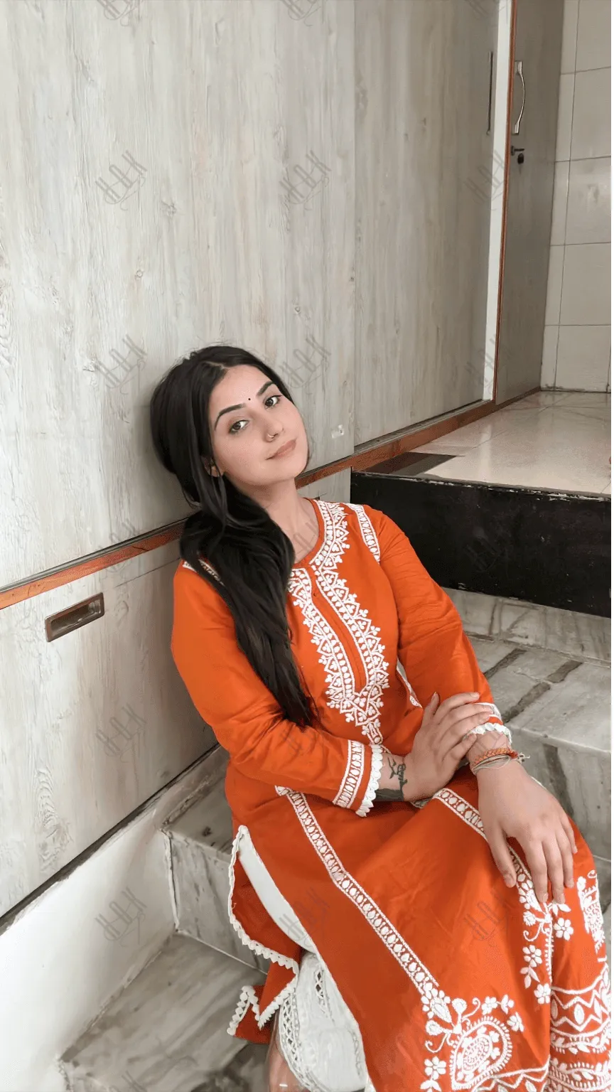 Aditi in HOK Chikankari Long Kurta in Cotton for Women- Orange