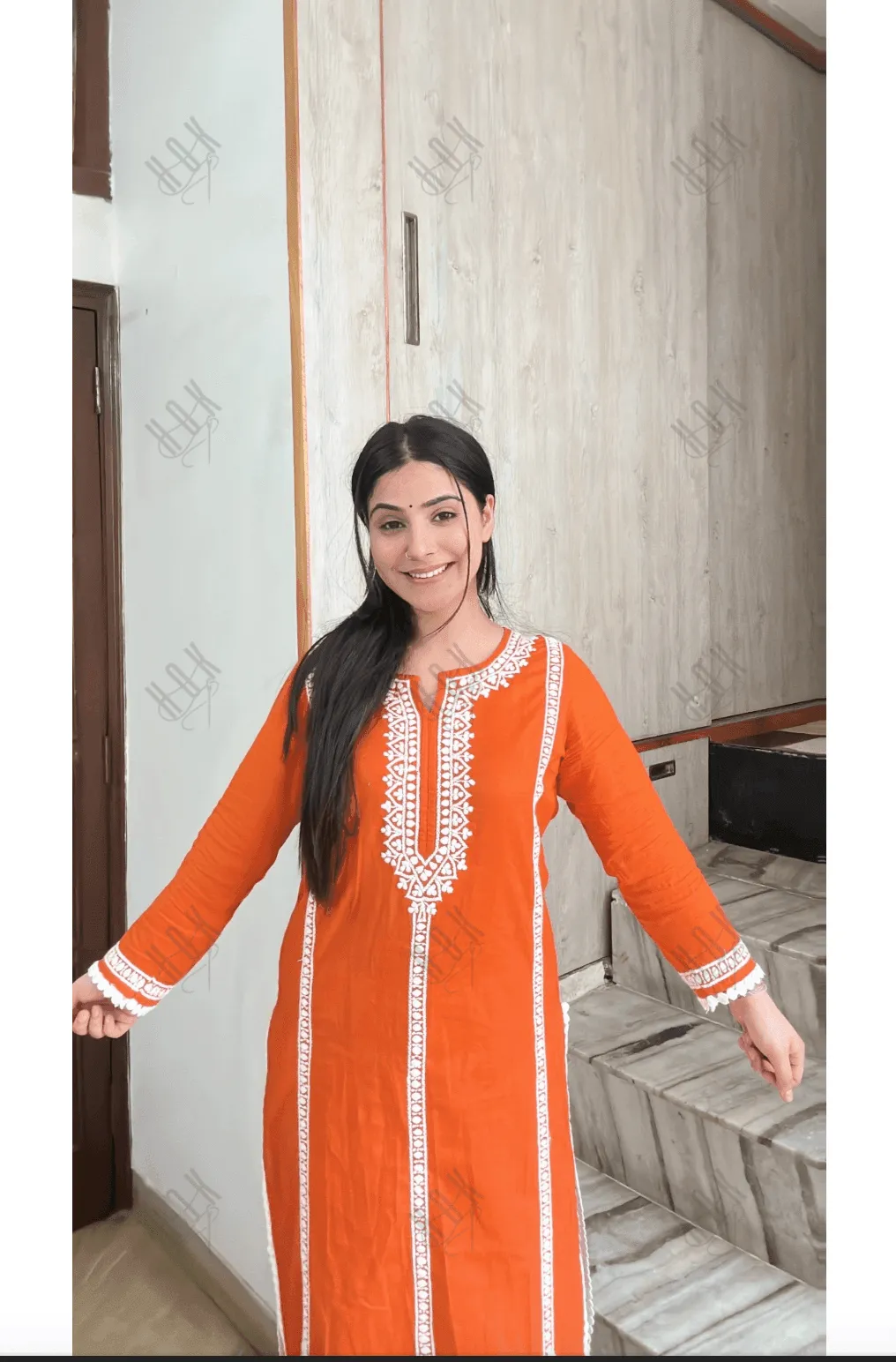 Aditi in HOK Chikankari Long Kurta in Cotton for Women- Orange