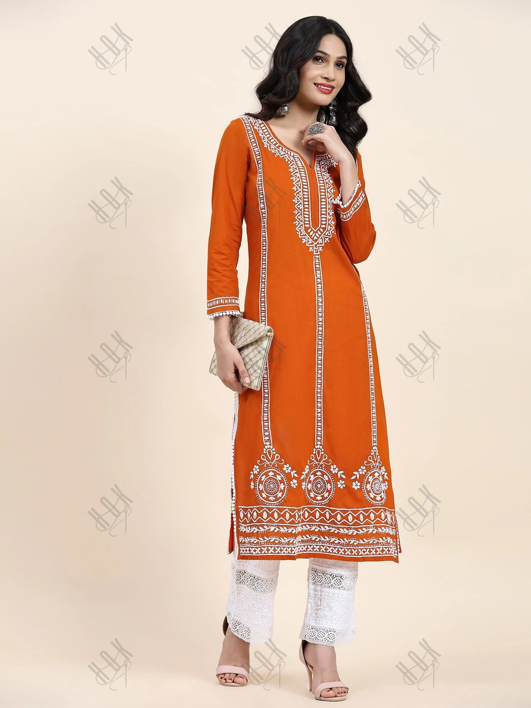 Aditi in HOK Chikankari Long Kurta in Cotton for Women- Orange