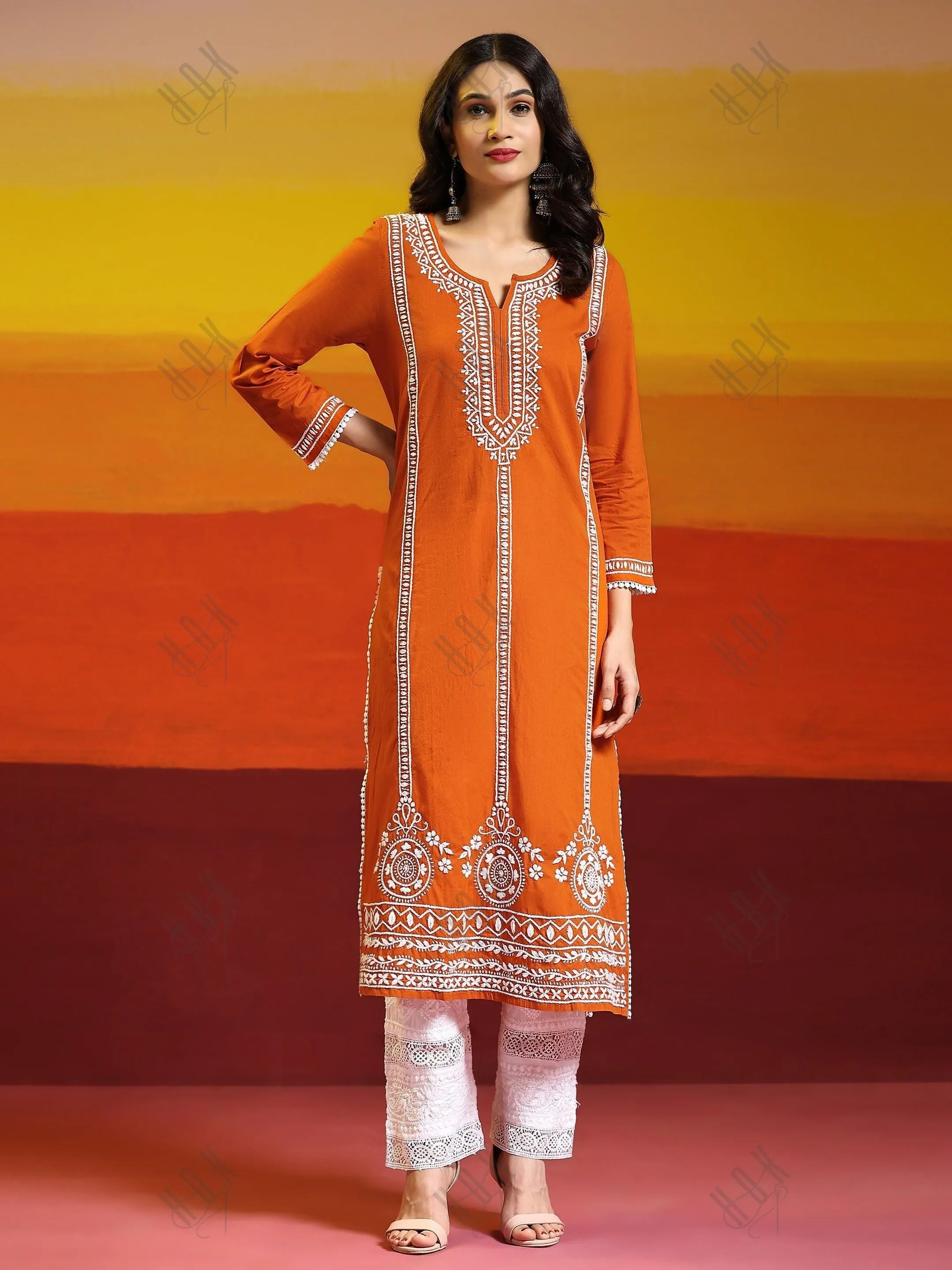 Aditi in HOK Chikankari Long Kurta in Cotton for Women- Orange