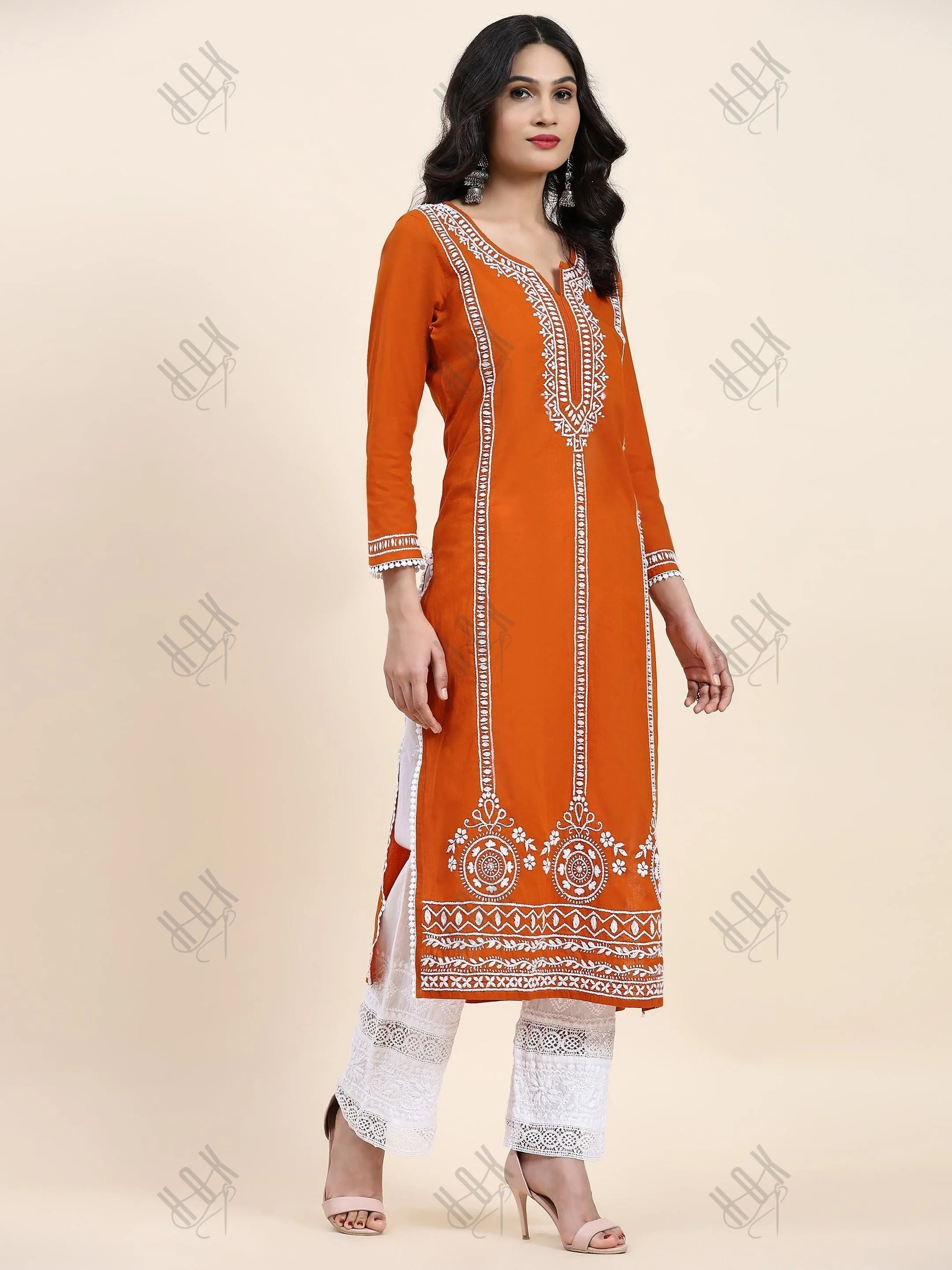 Aditi in HOK Chikankari Long Kurta in Cotton for Women- Orange