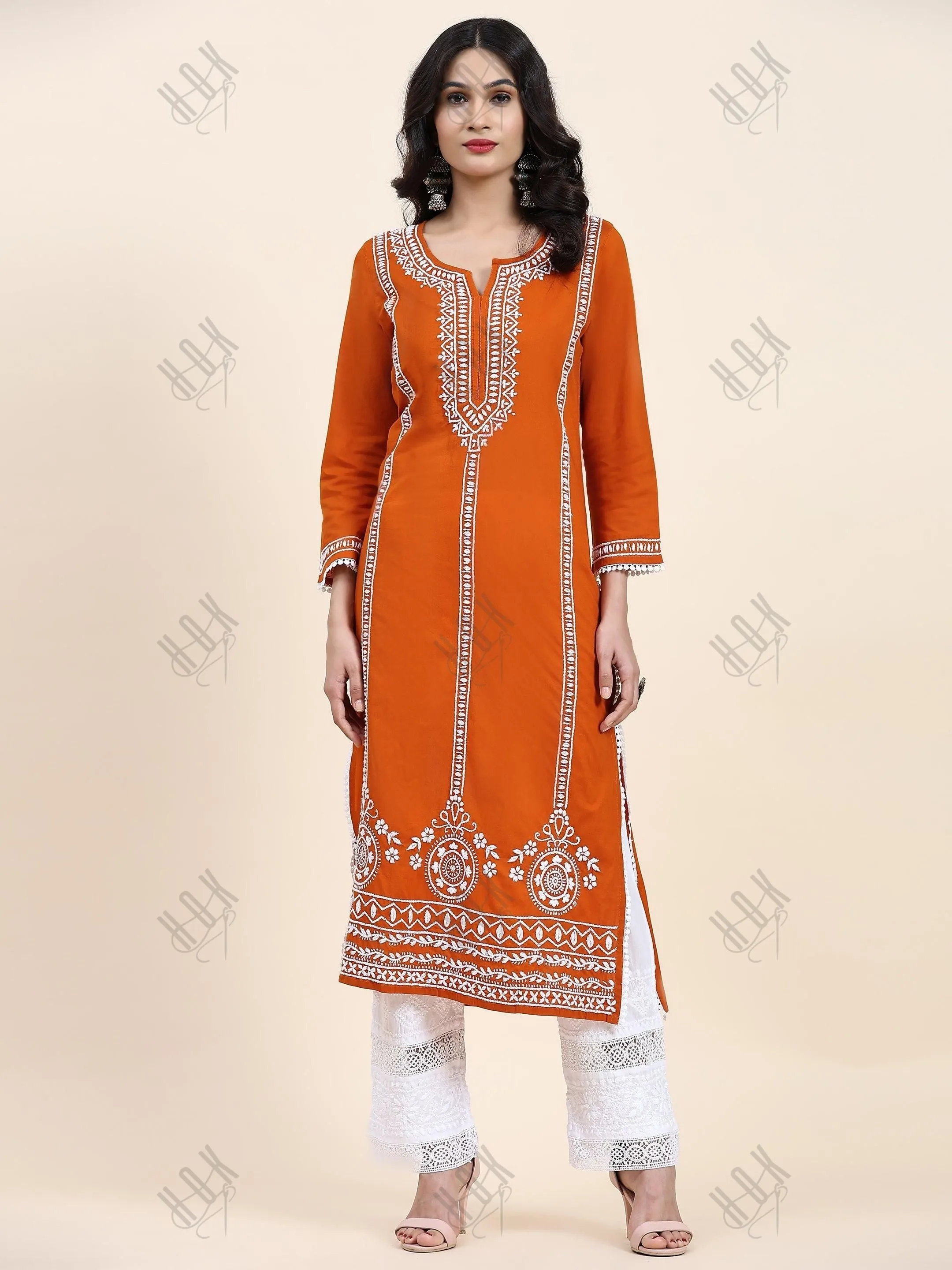 Aditi in HOK Chikankari Long Kurta in Cotton for Women- Orange