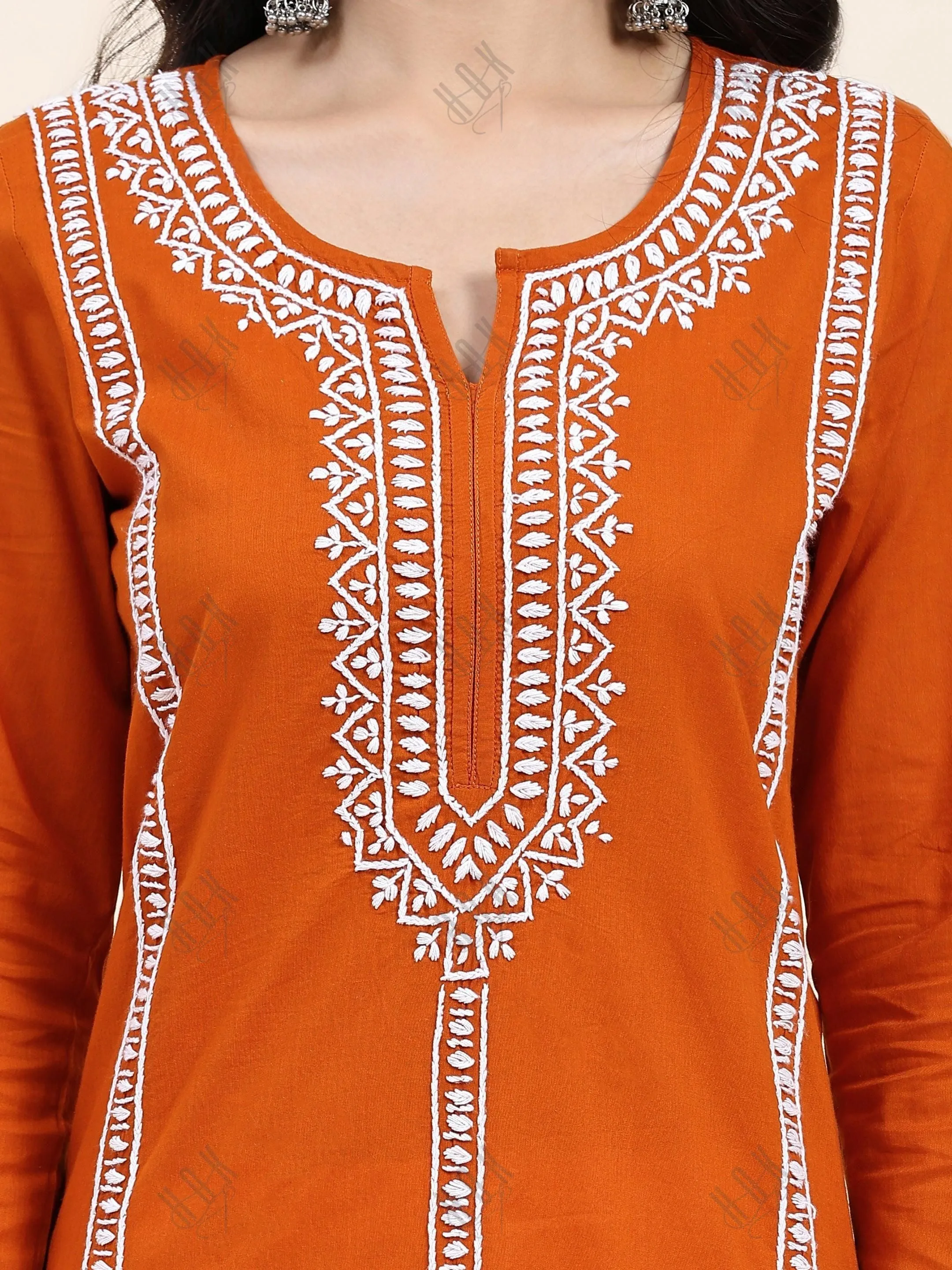 Aditi in HOK Chikankari Long Kurta in Cotton for Women- Orange