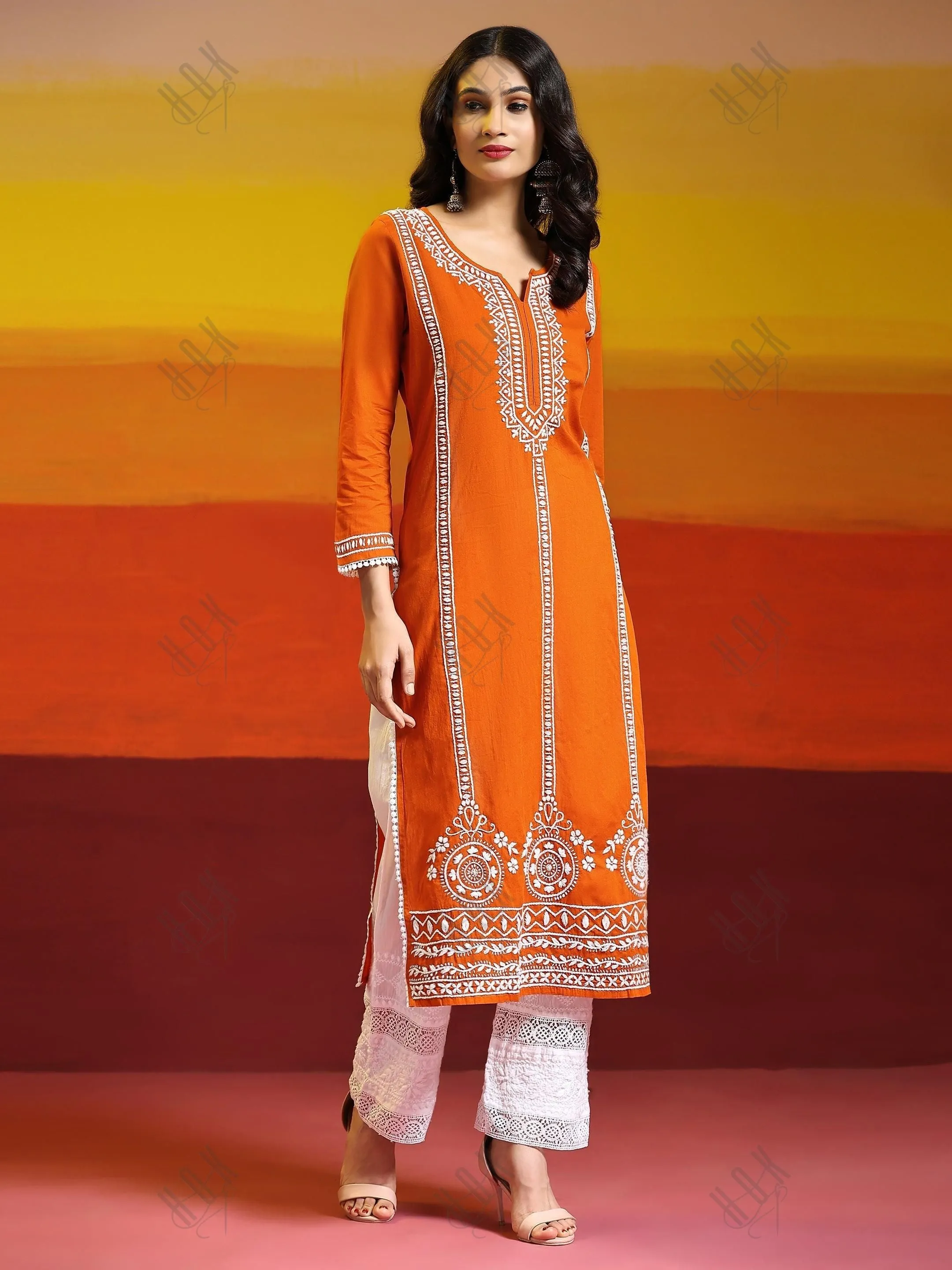 Aditi in HOK Chikankari Long Kurta in Cotton for Women- Orange