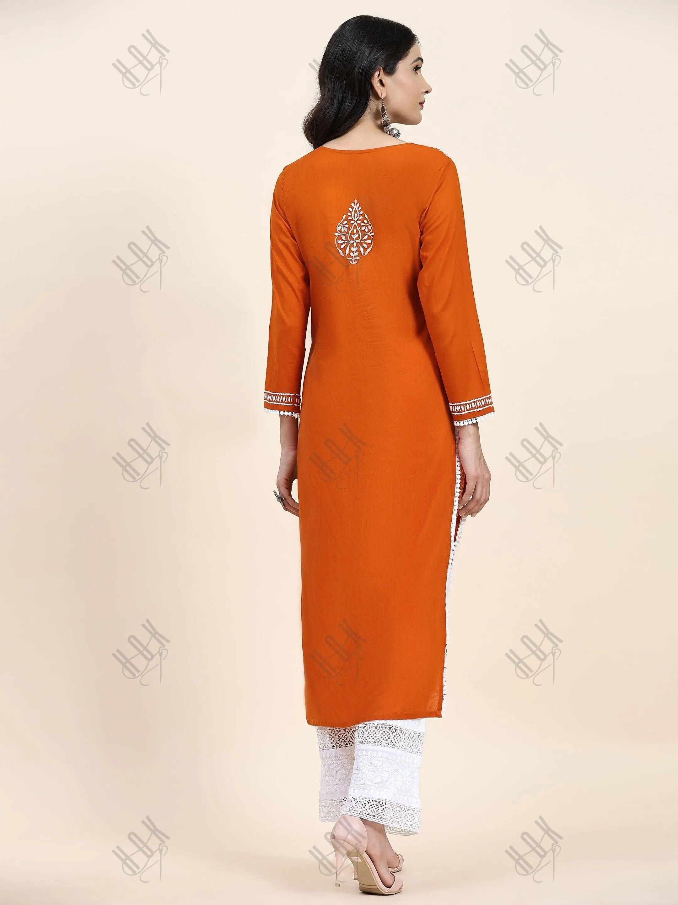 Aditi in HOK Chikankari Long Kurta in Cotton for Women- Orange