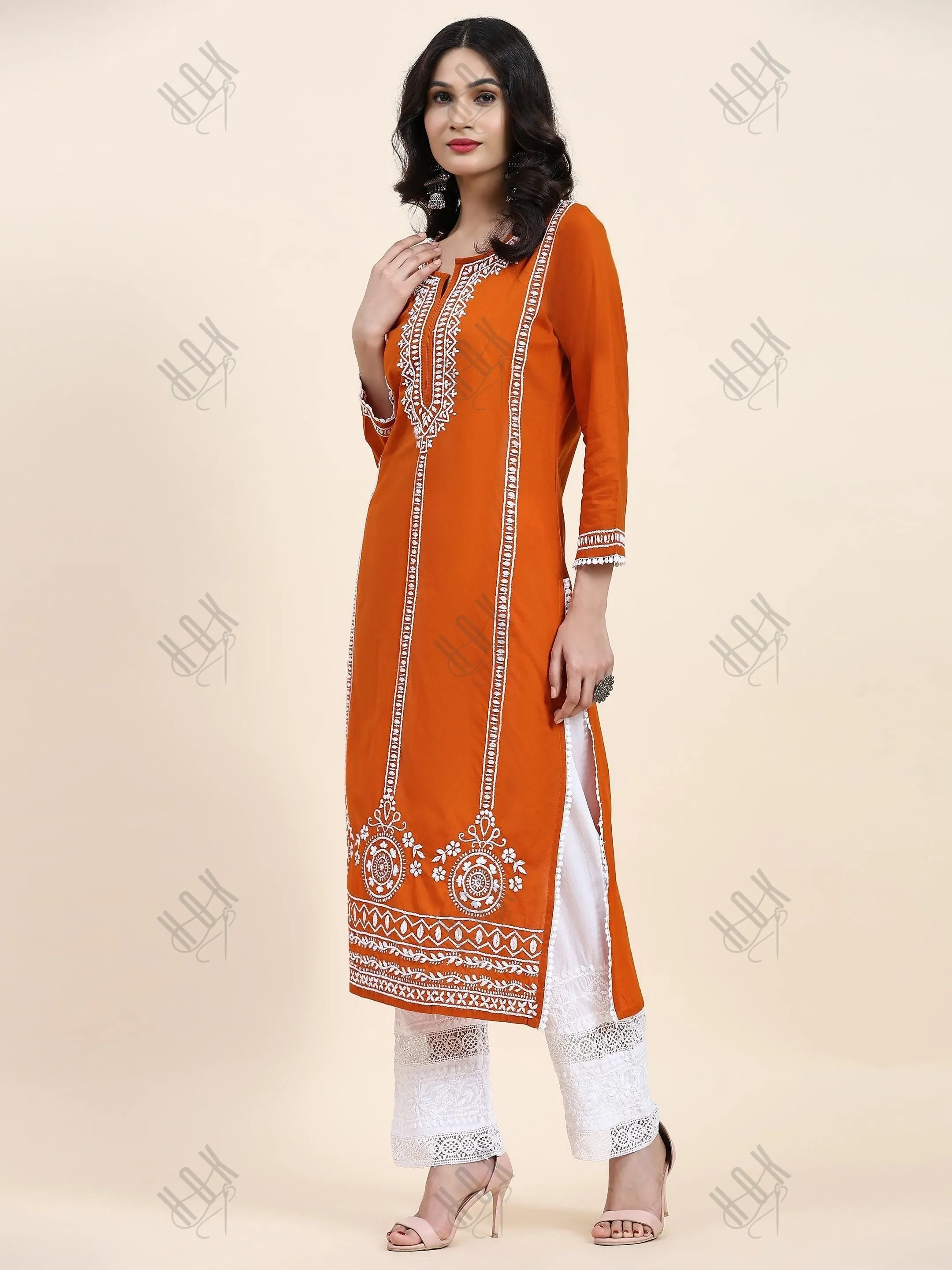 Aditi in HOK Chikankari Long Kurta in Cotton for Women- Orange