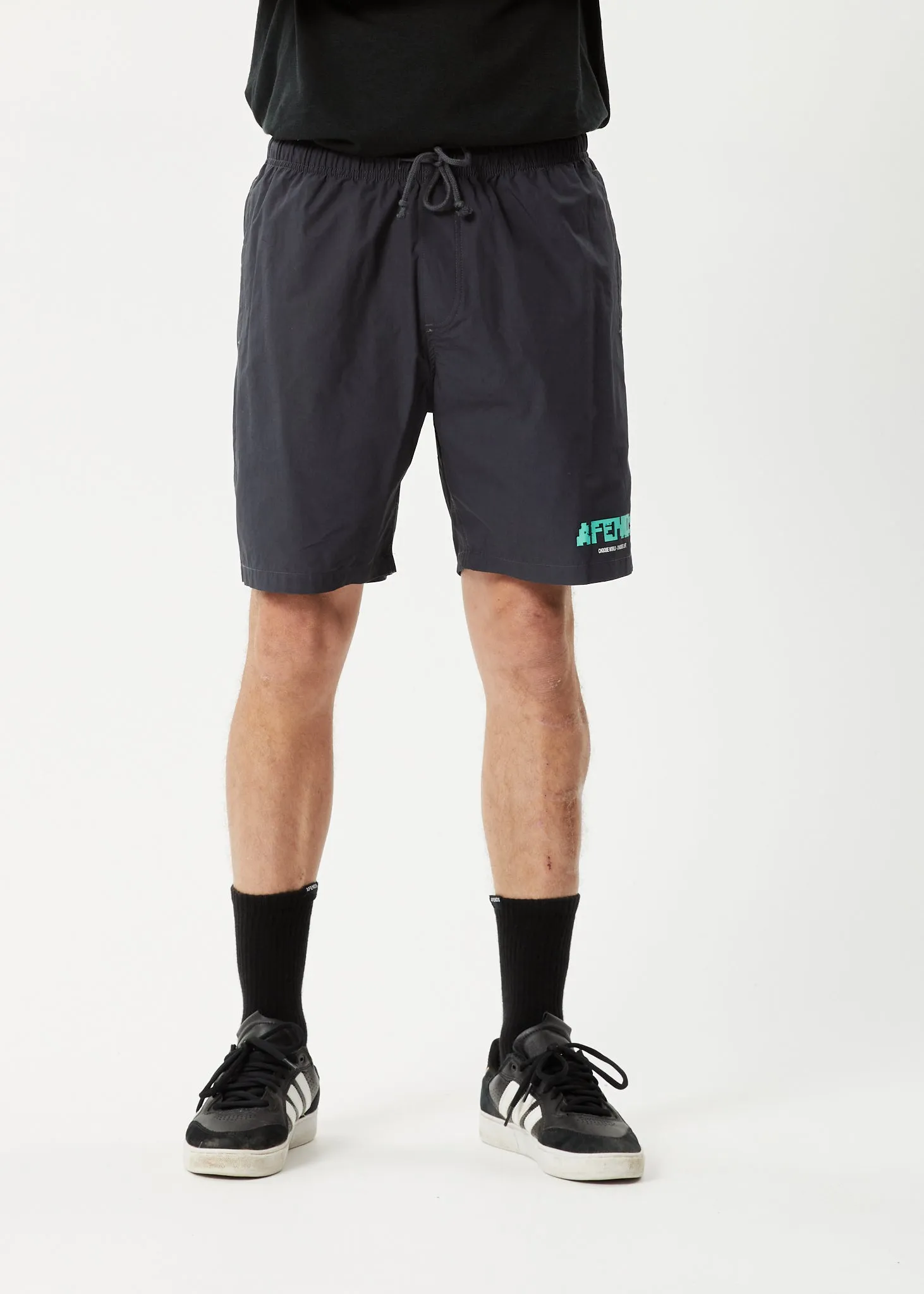 AFENDS Mens Baywatch World - Elastic Waist Shorts - Charcoal