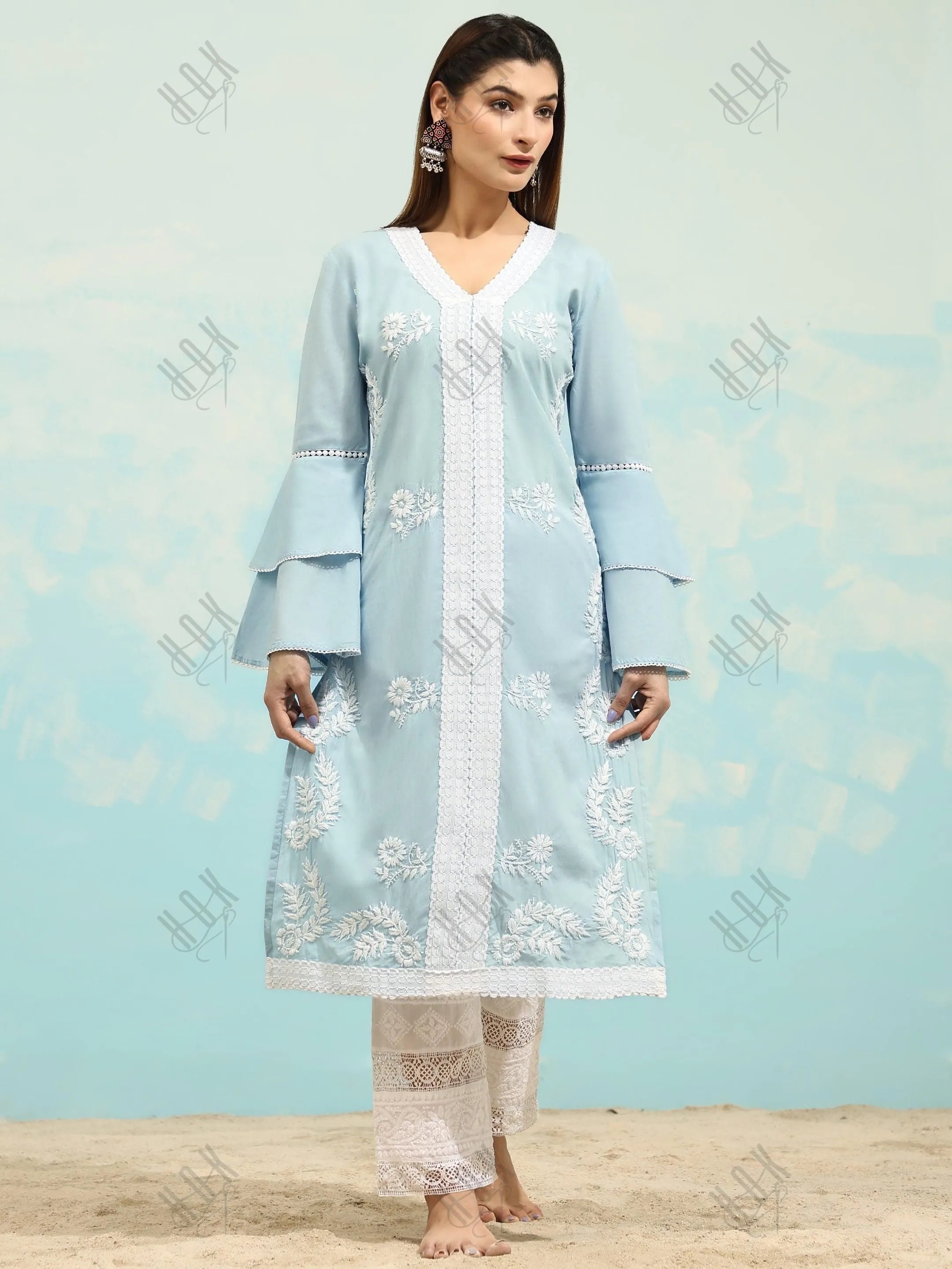 Akshita in Chikankari Long Kurti In Cotton for Women- Sky Blue