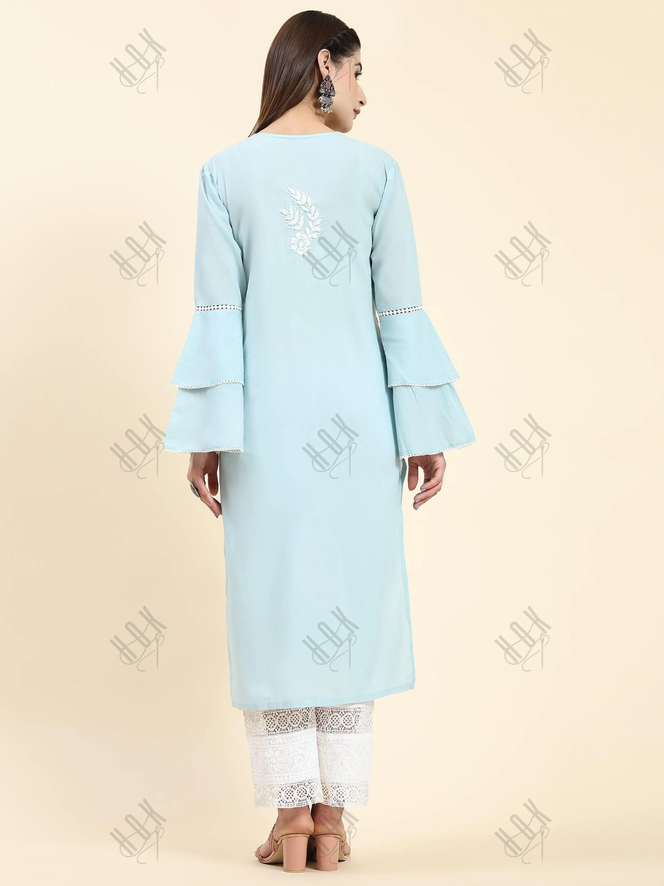 Akshita in Chikankari Long Kurti In Cotton for Women- Sky Blue