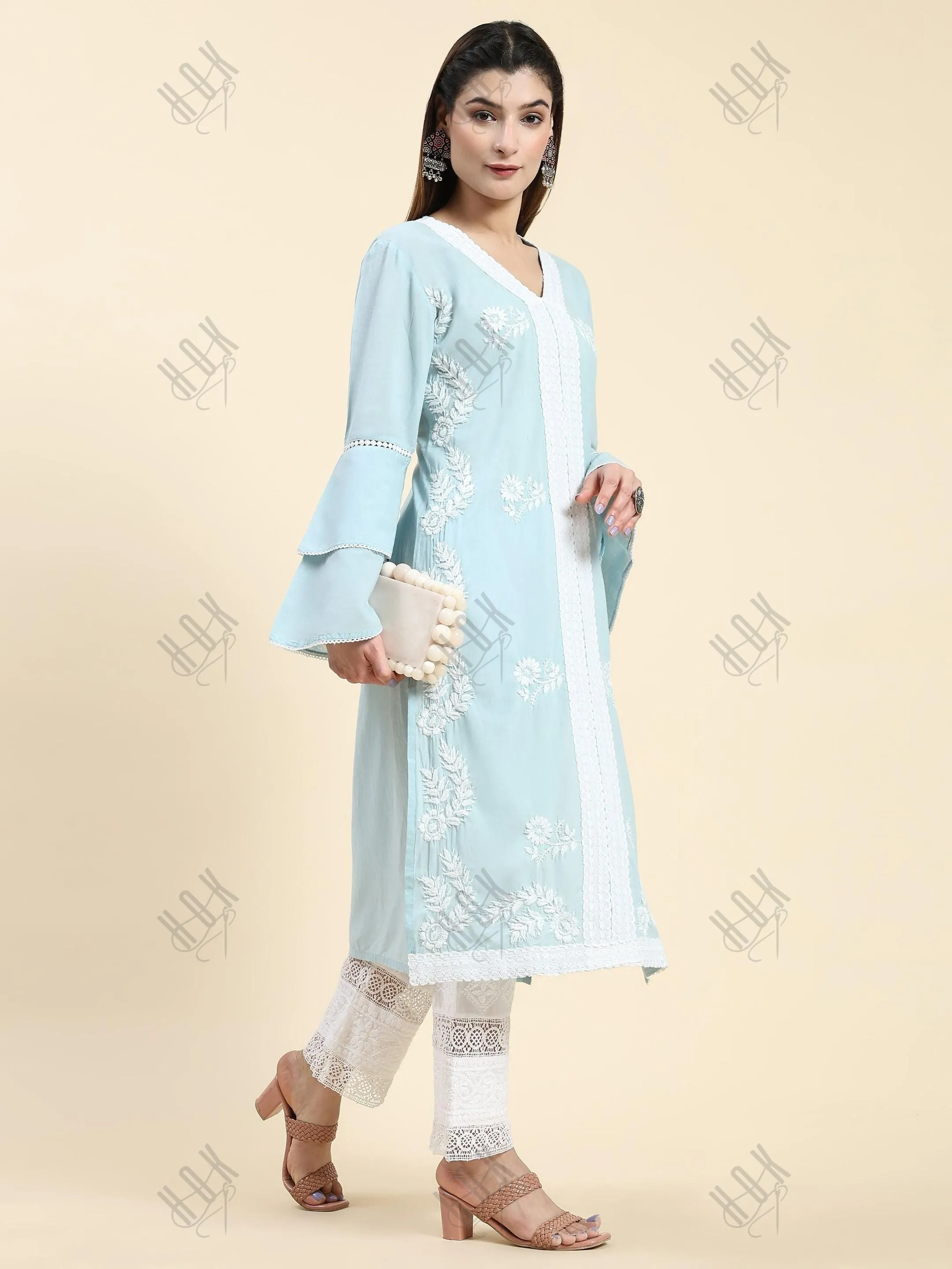 Akshita in Chikankari Long Kurti In Cotton for Women- Sky Blue