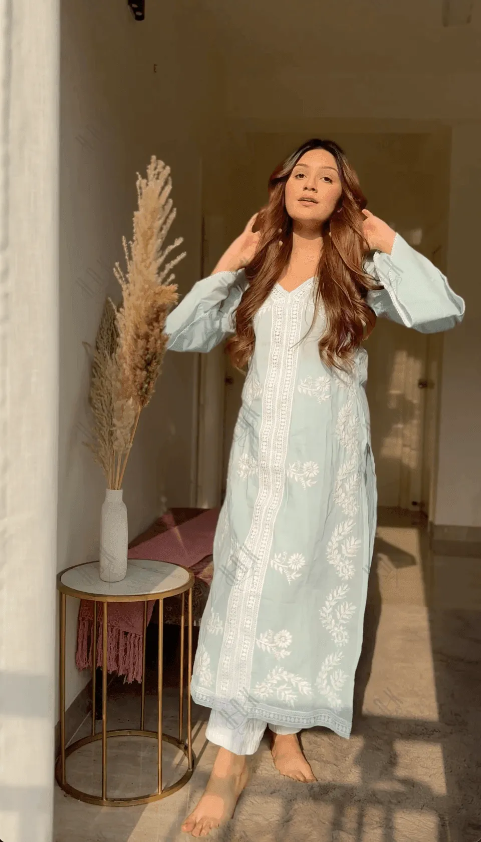 Akshita in Chikankari Long Kurti In Cotton for Women- Sky Blue