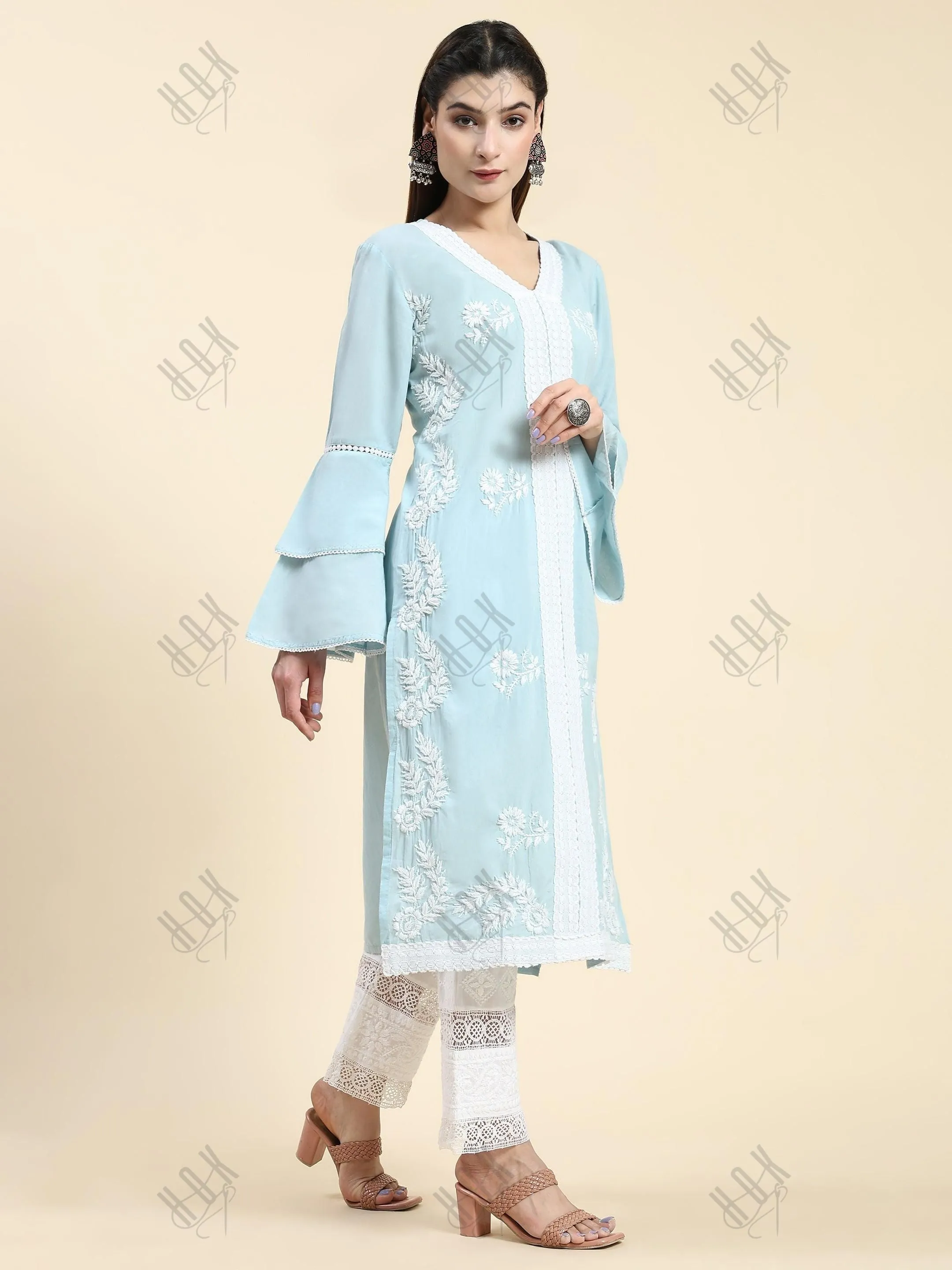 Akshita in Chikankari Long Kurti In Cotton for Women- Sky Blue