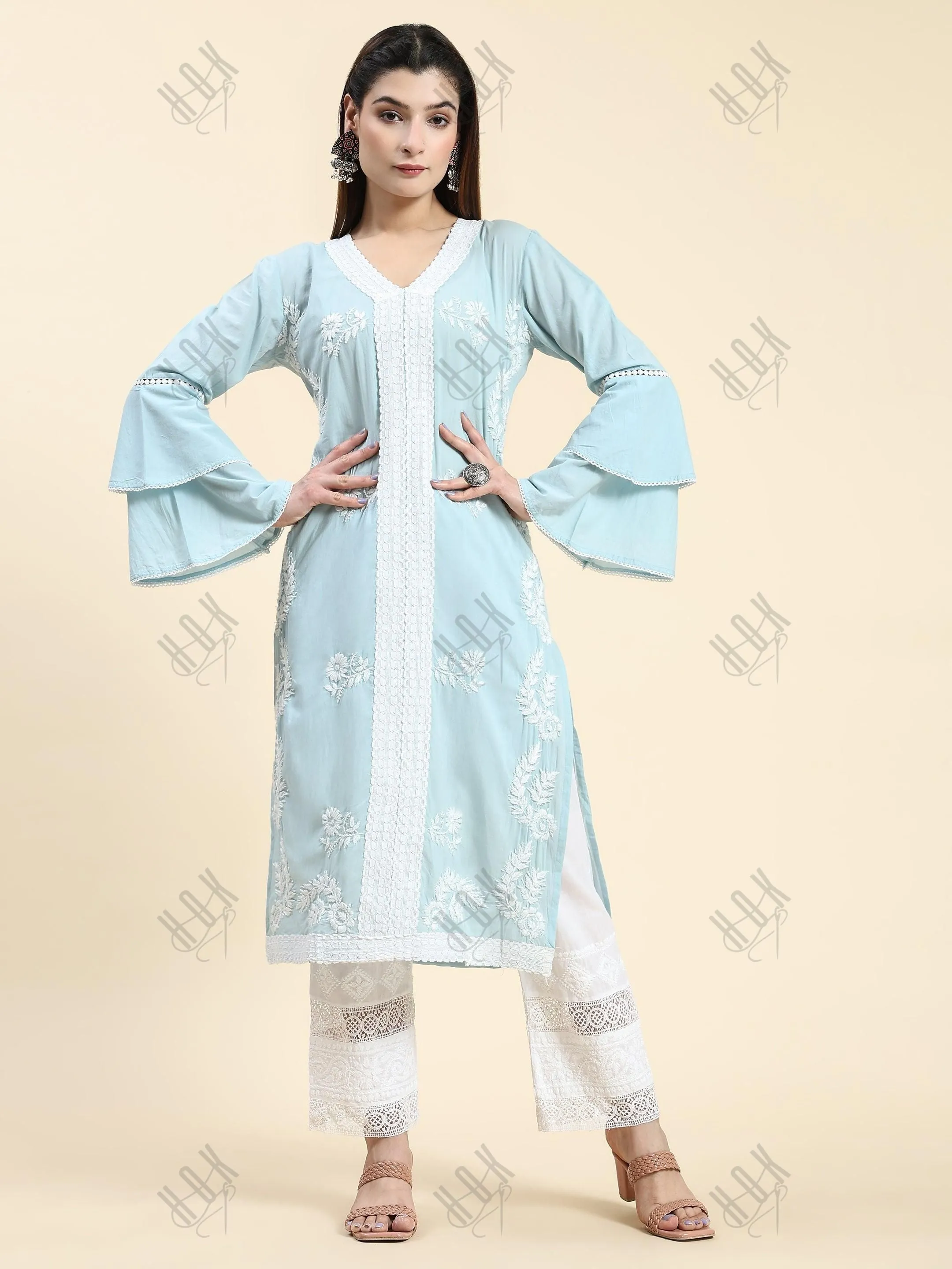 Akshita in Chikankari Long Kurti In Cotton for Women- Sky Blue