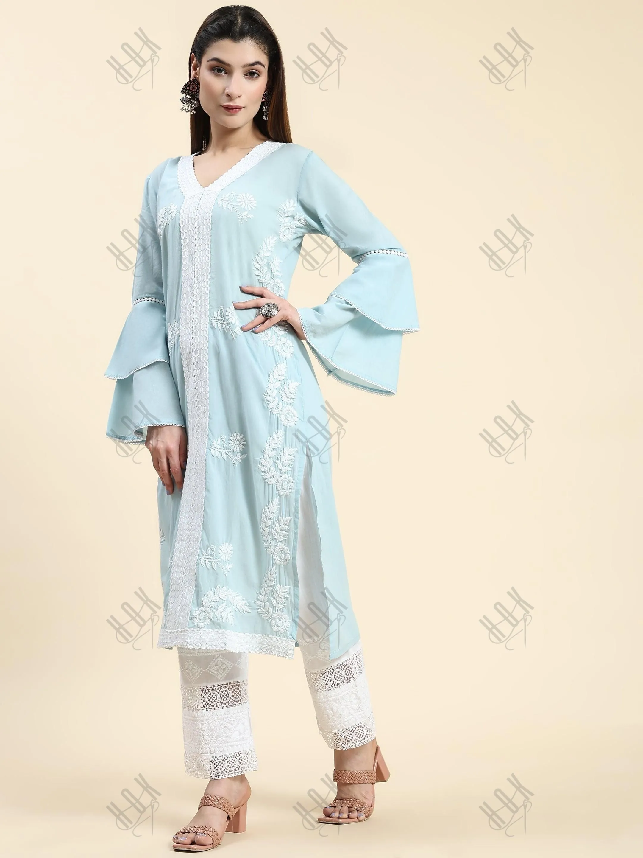 Akshita in Chikankari Long Kurti In Cotton for Women- Sky Blue