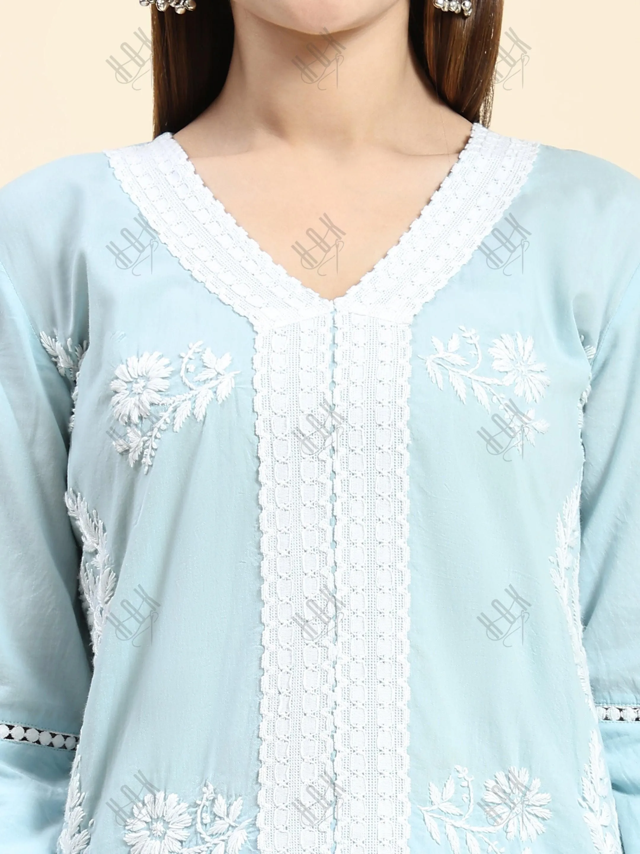 Akshita in Chikankari Long Kurti In Cotton for Women- Sky Blue