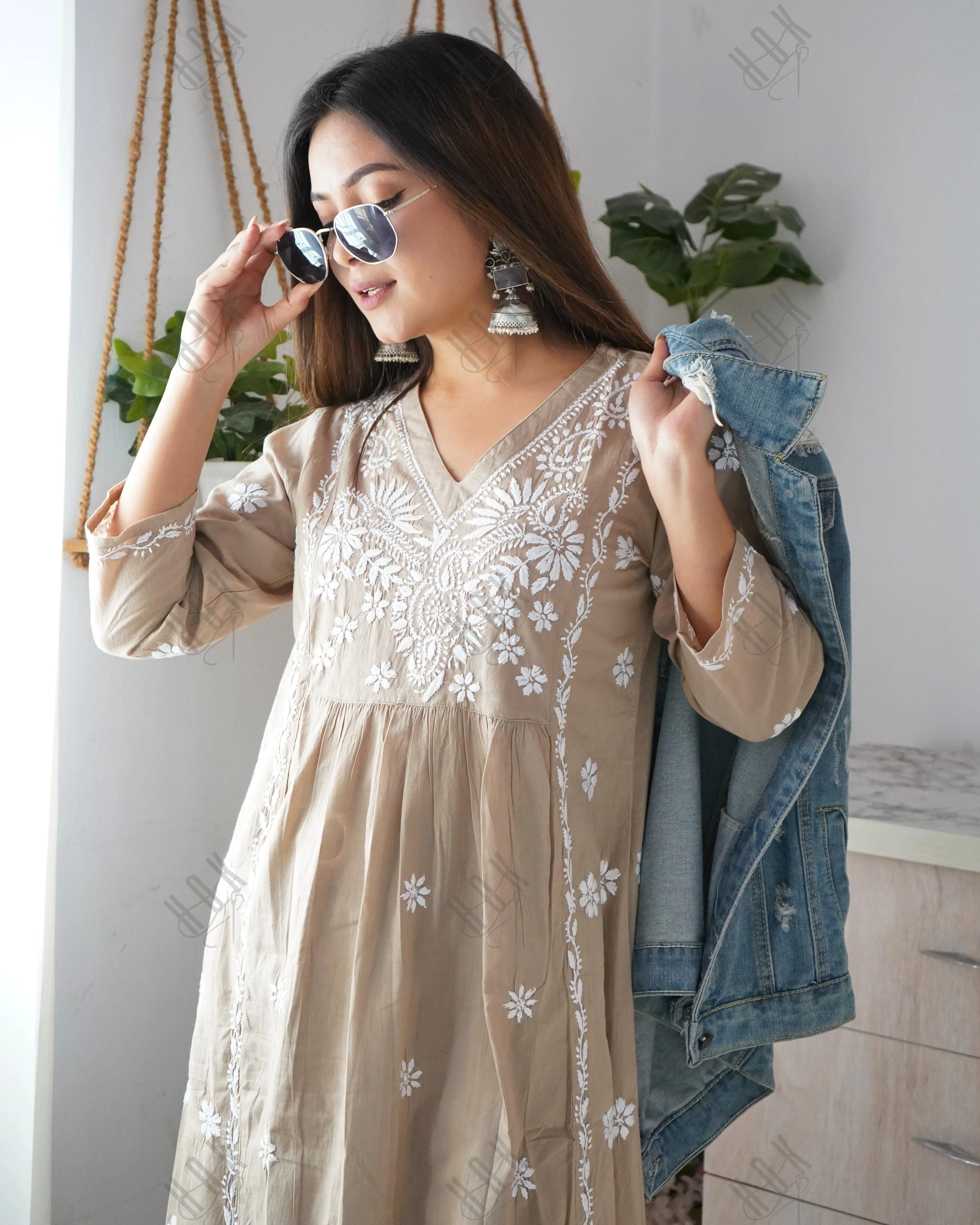 Arti Chauhan in HOK Chikankari Anarkali Kurti for Women - Beige