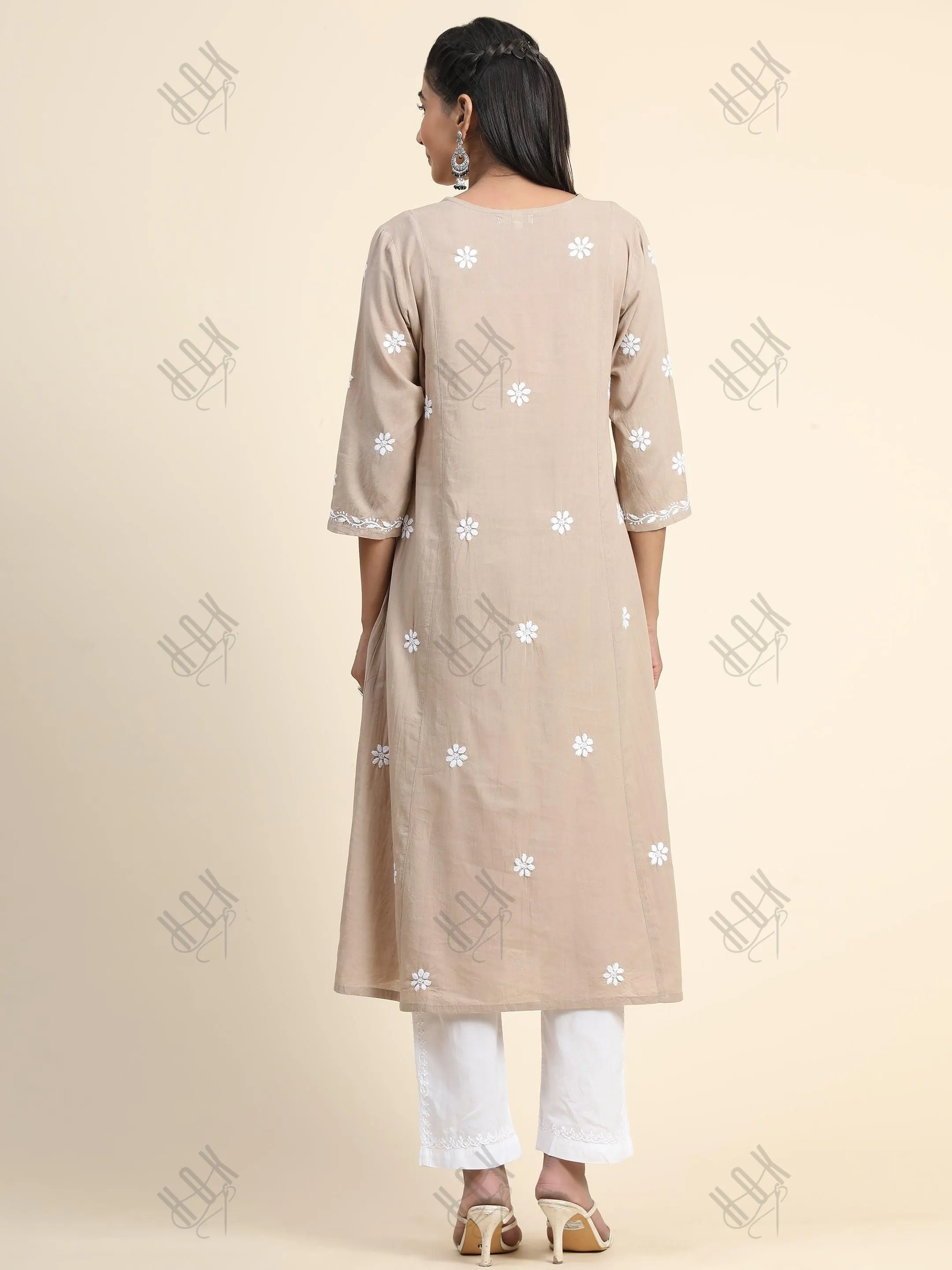 Arti Chauhan in HOK Chikankari Anarkali Kurti for Women - Beige