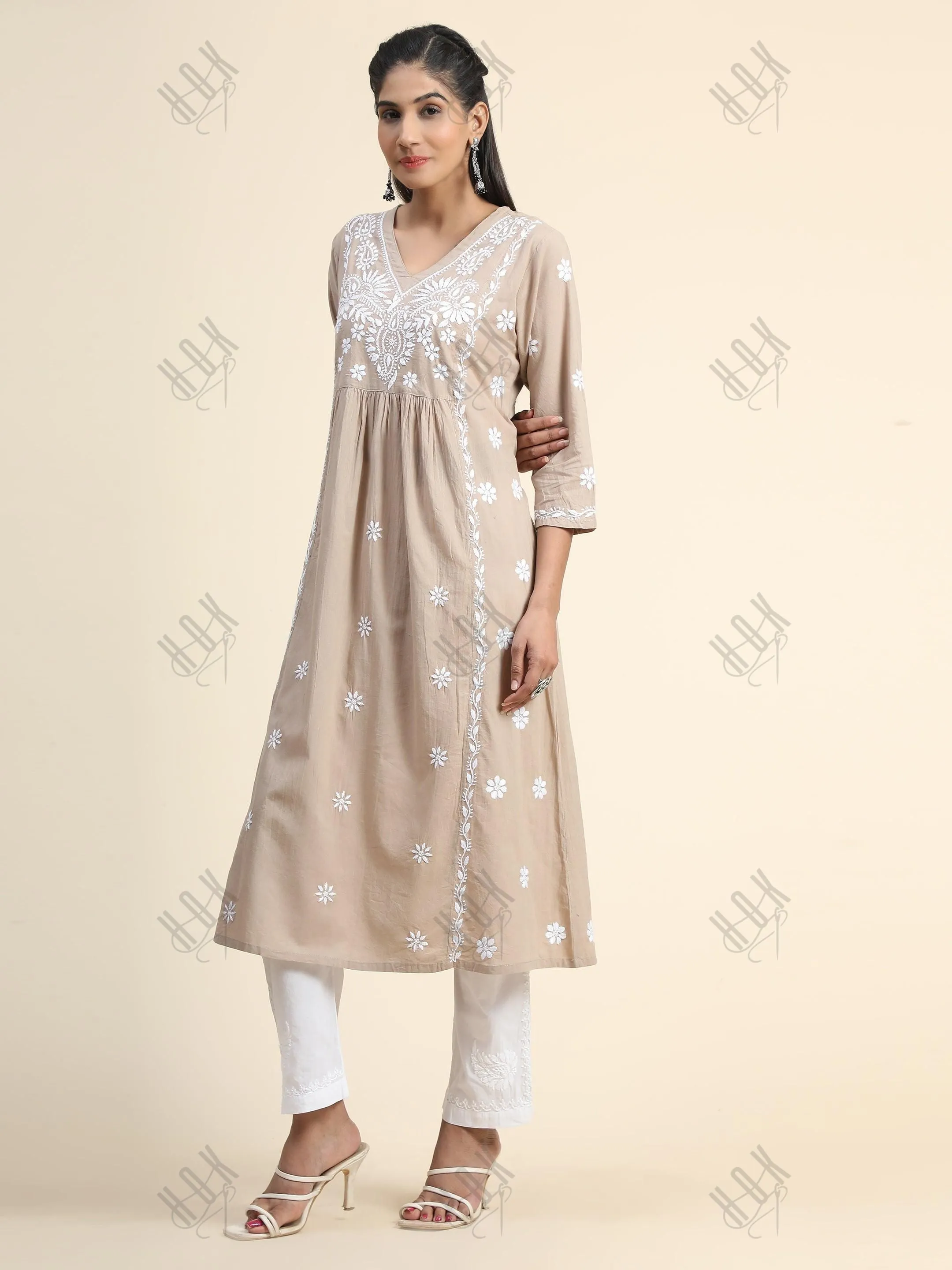 Arti Chauhan in HOK Chikankari Anarkali Kurti for Women - Beige