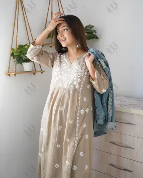 Arti Chauhan in HOK Chikankari Anarkali Kurti for Women - Beige