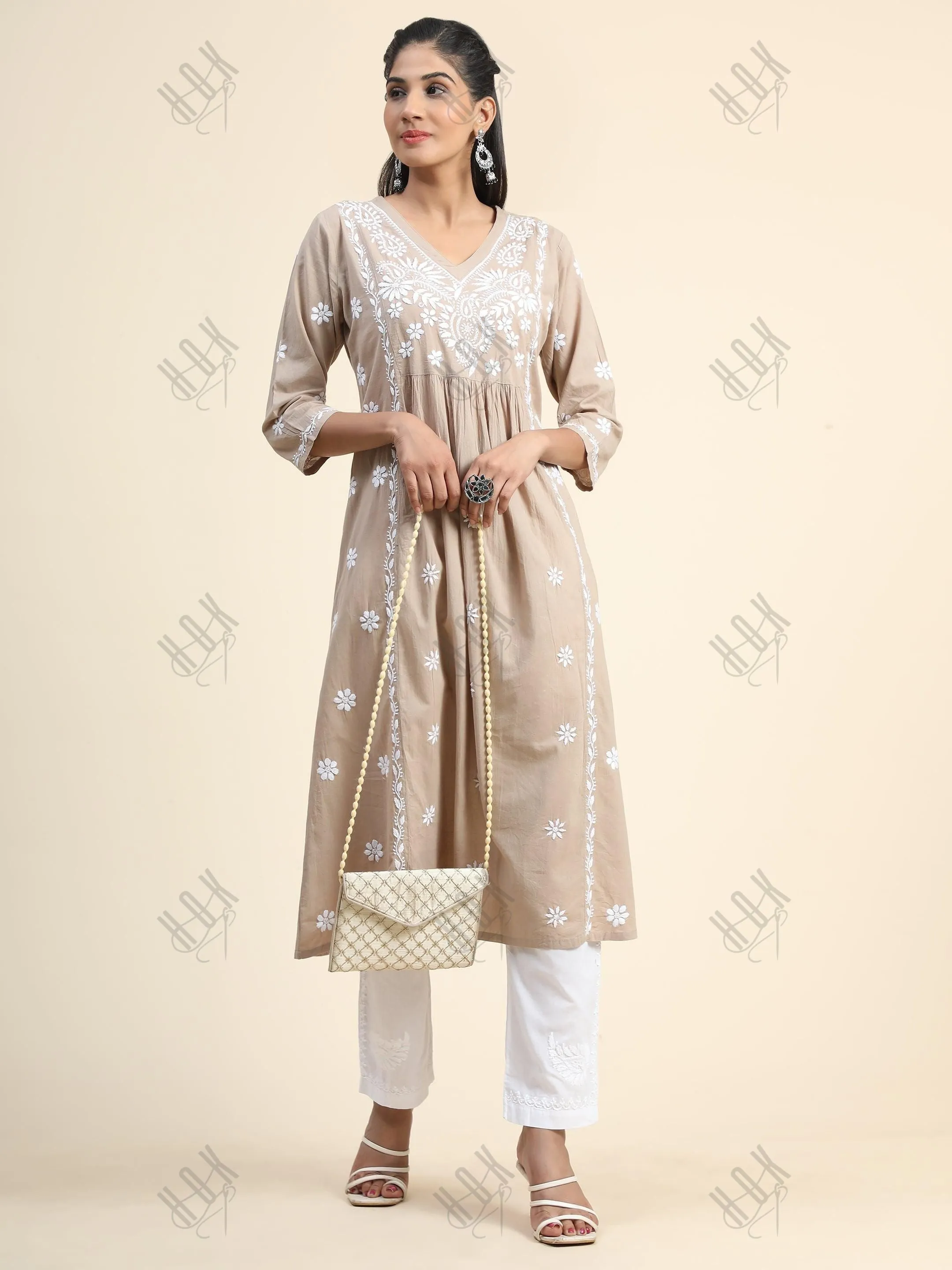 Arti Chauhan in HOK Chikankari Anarkali Kurti for Women - Beige