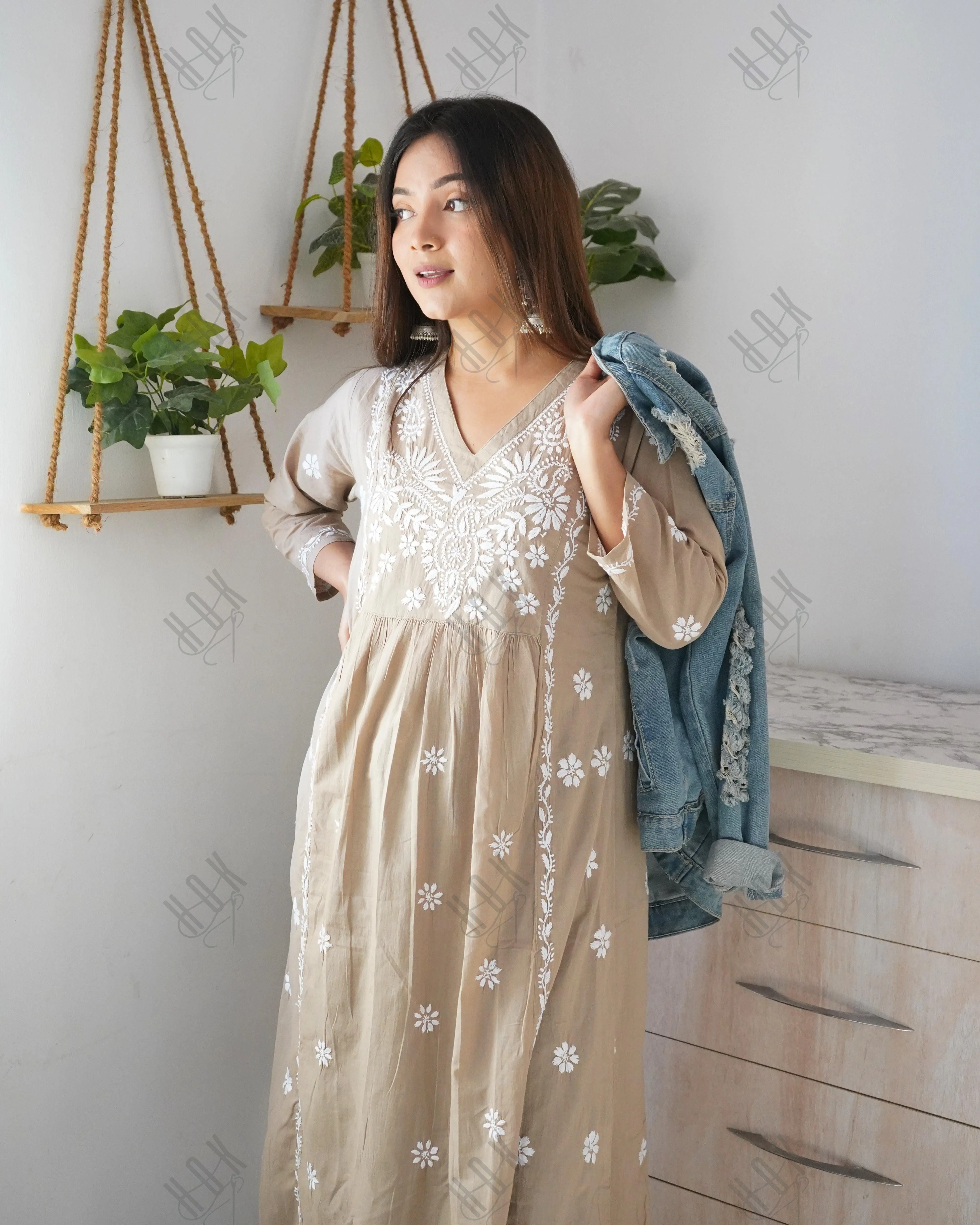 Arti Chauhan in HOK Chikankari Anarkali Kurti for Women - Beige