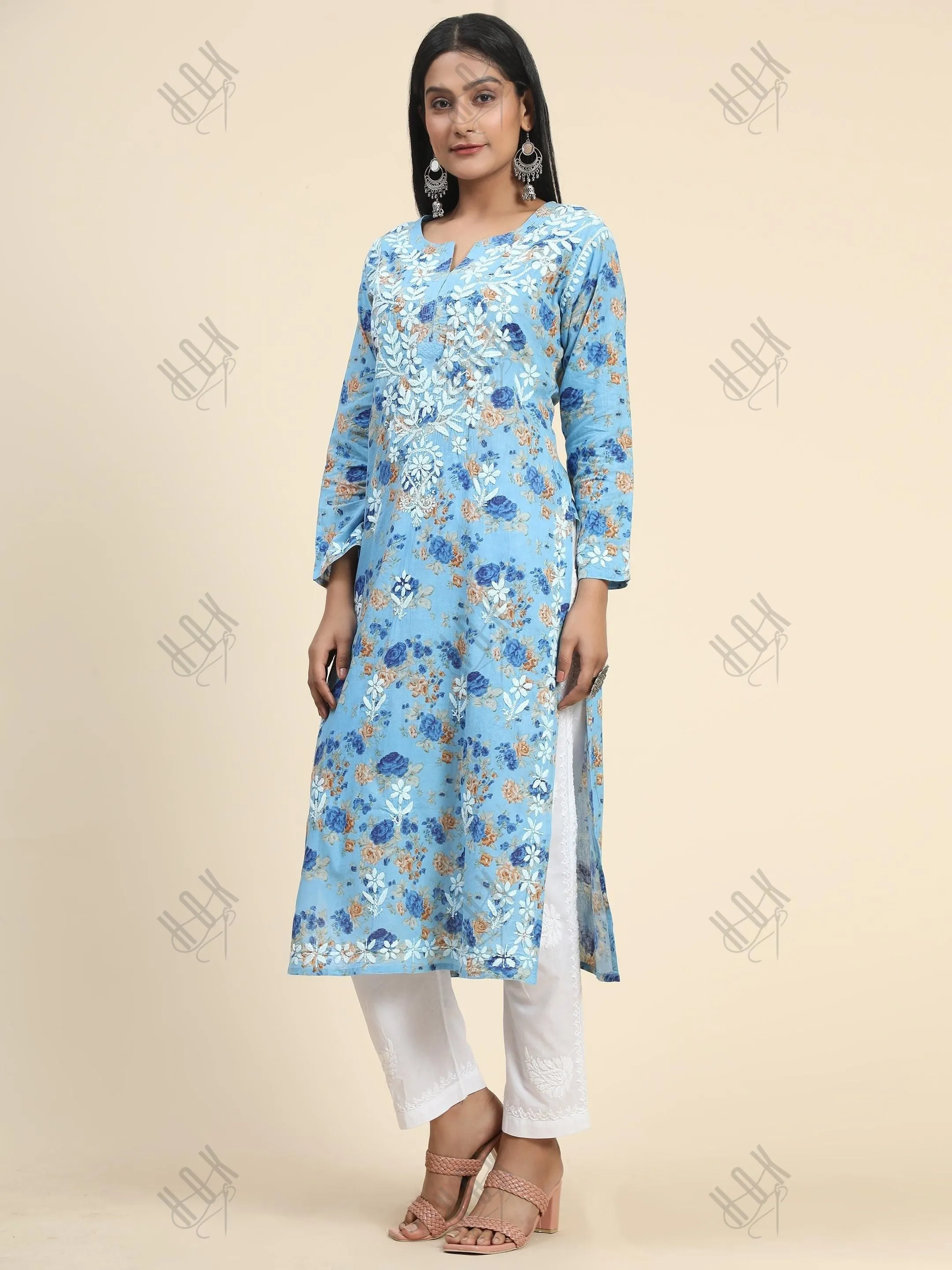 Aruneet in Samma Mul Printed  Hand Embroidery Chikankari Kurta- Blue