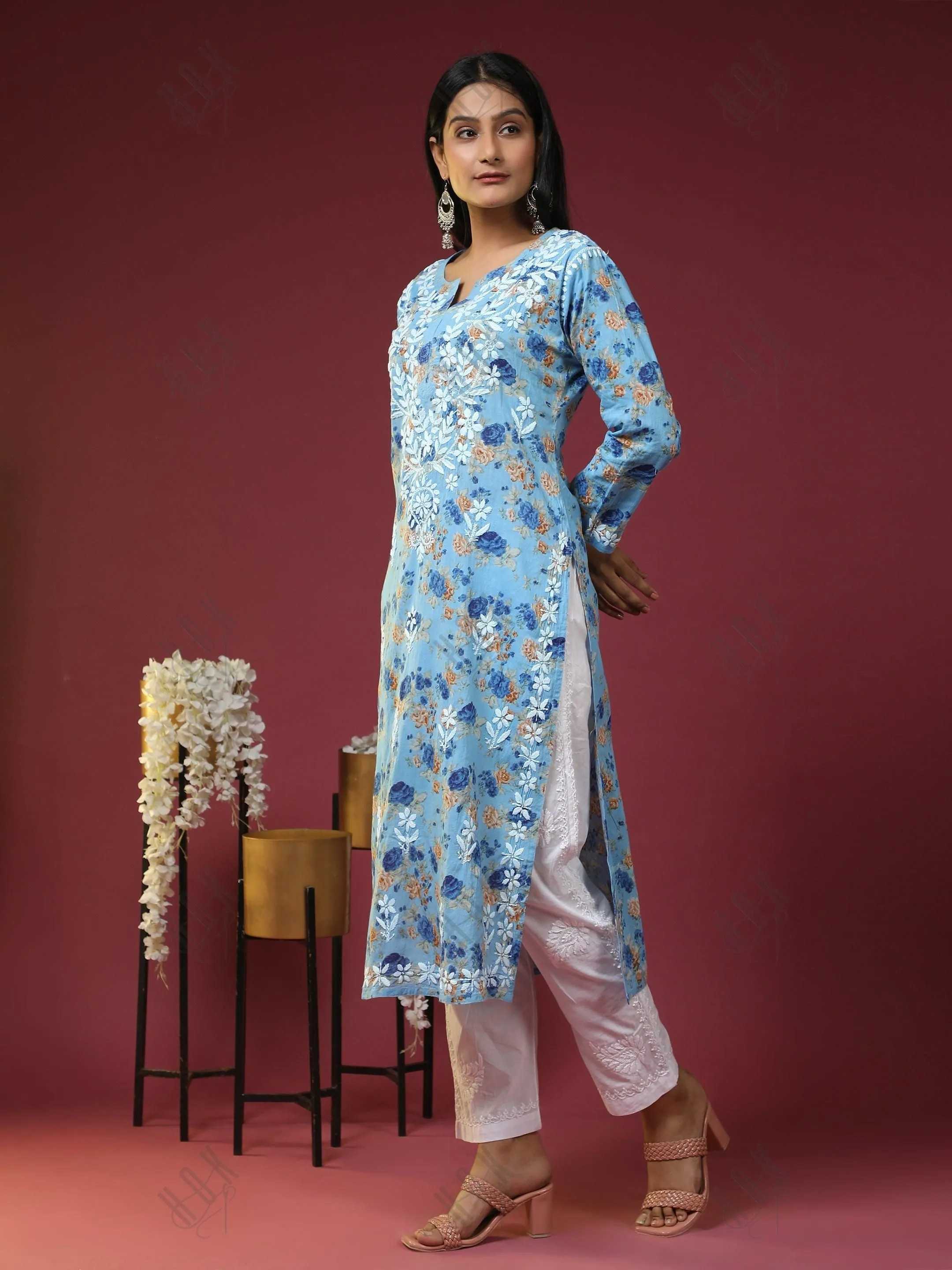 Aruneet in Samma Mul Printed  Hand Embroidery Chikankari Kurta- Blue