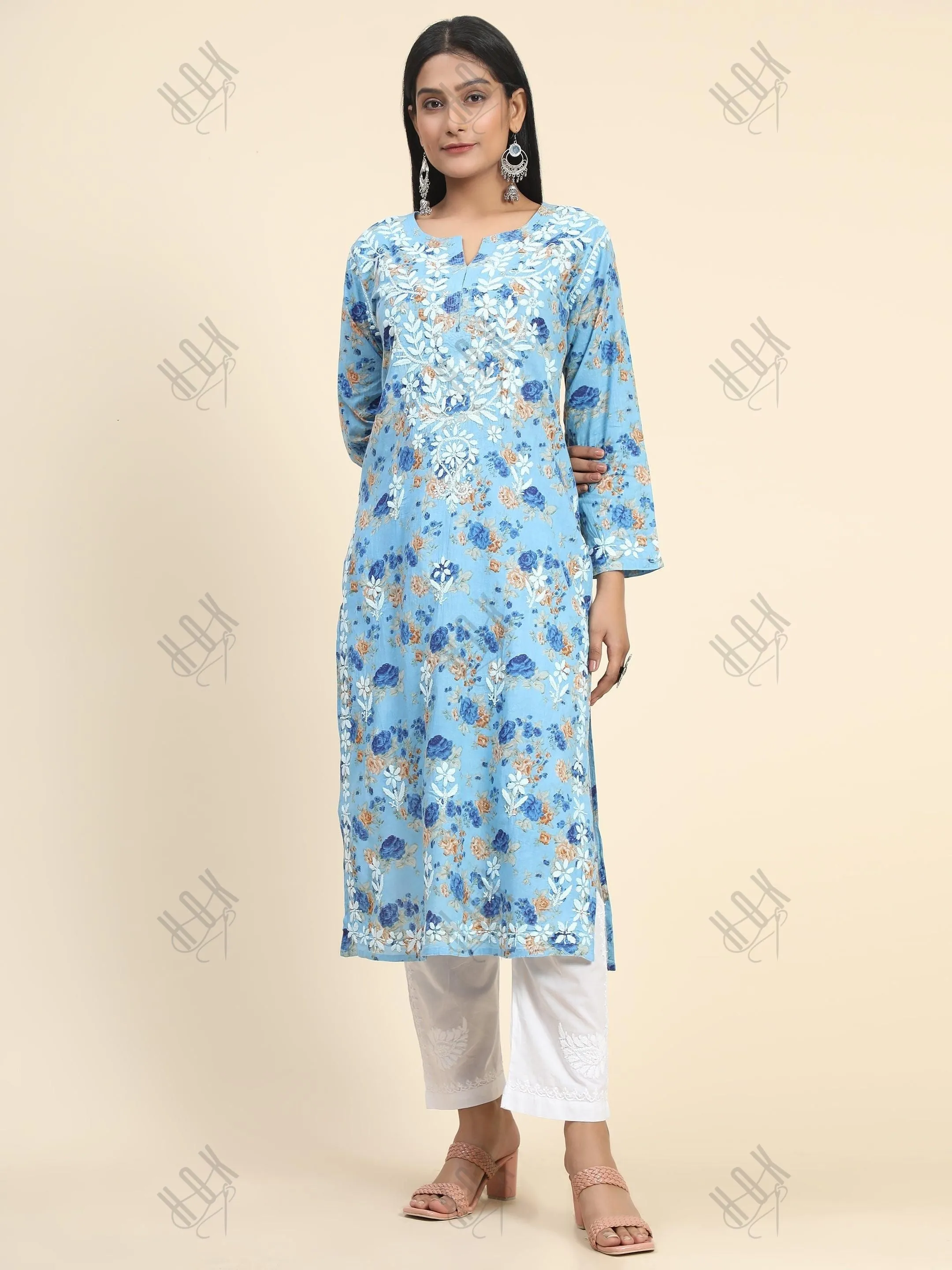 Aruneet in Samma Mul Printed  Hand Embroidery Chikankari Kurta- Blue