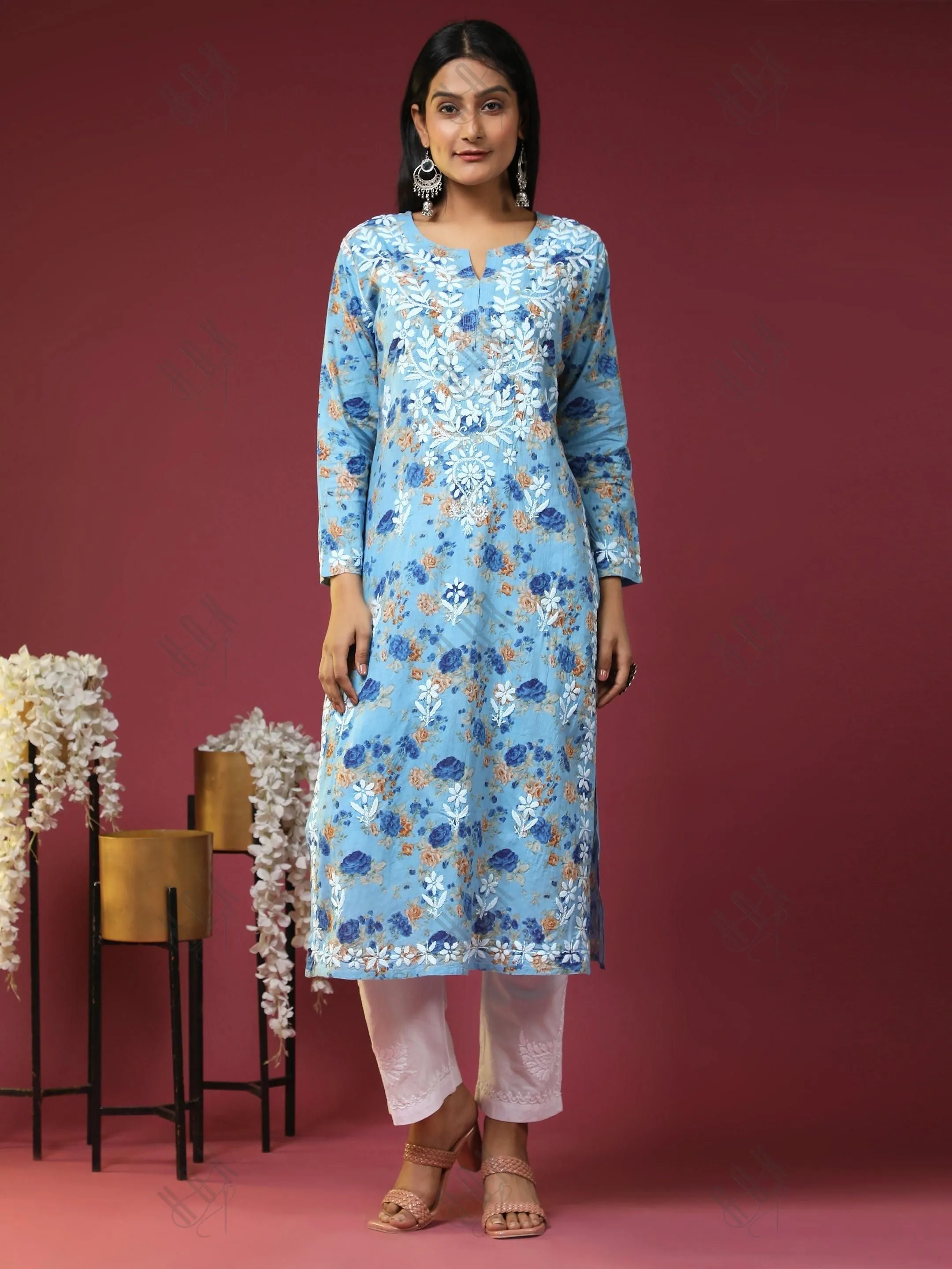 Aruneet in Samma Mul Printed  Hand Embroidery Chikankari Kurta- Blue