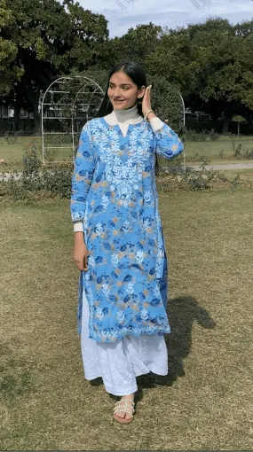 Aruneet in Samma Mul Printed  Hand Embroidery Chikankari Kurta- Blue