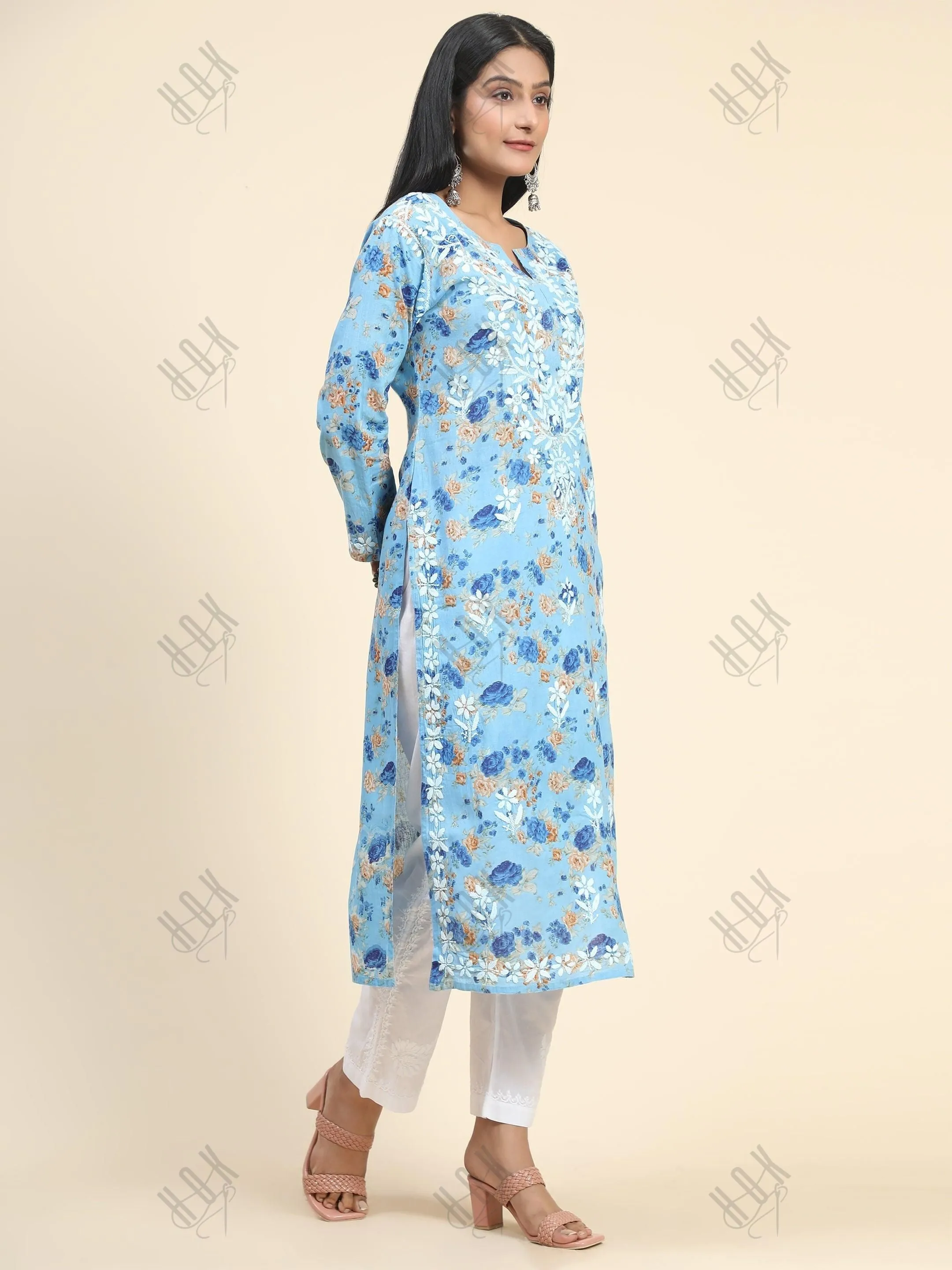 Aruneet in Samma Mul Printed  Hand Embroidery Chikankari Kurta- Blue