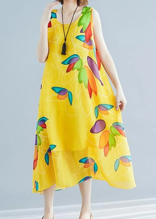 Beautiful yellow print chiffon Robes Korea Tutorials o neck false two pieces long Summer Dress