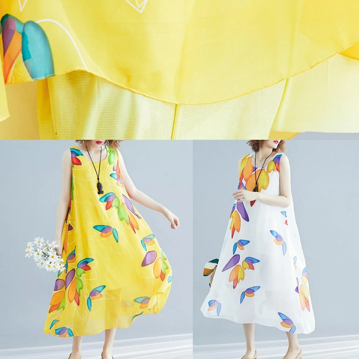 Beautiful yellow print chiffon Robes Korea Tutorials o neck false two pieces long Summer Dress