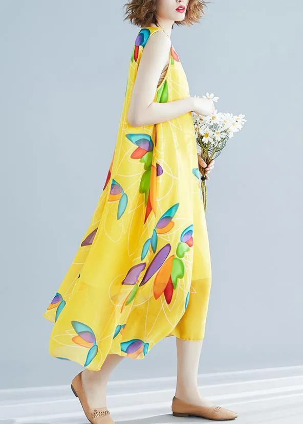 Beautiful yellow print chiffon Robes Korea Tutorials o neck false two pieces long Summer Dress