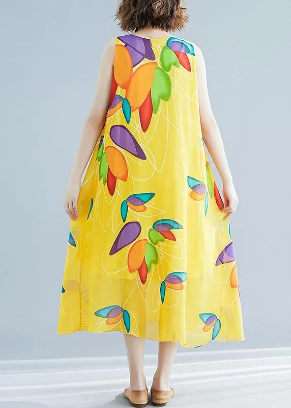 Beautiful yellow print chiffon Robes Korea Tutorials o neck false two pieces long Summer Dress