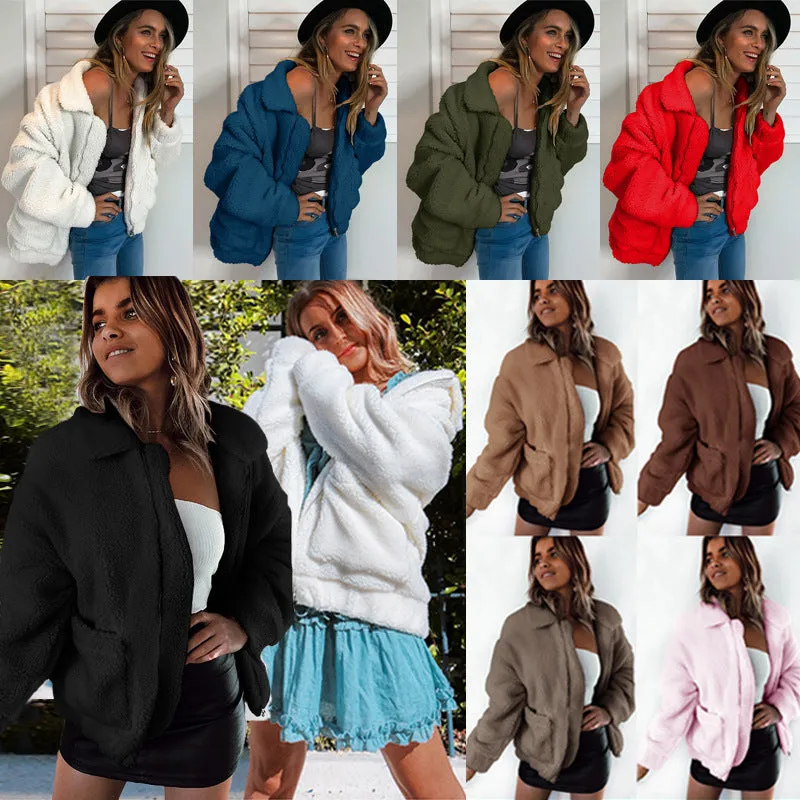 Big Pockets Zipper Lapel Candy Color Women Short Teddy Coat