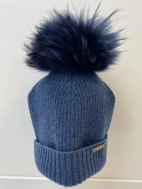 BKLYN Wool Beanie Steel Blue Hat Navy Pom Pom