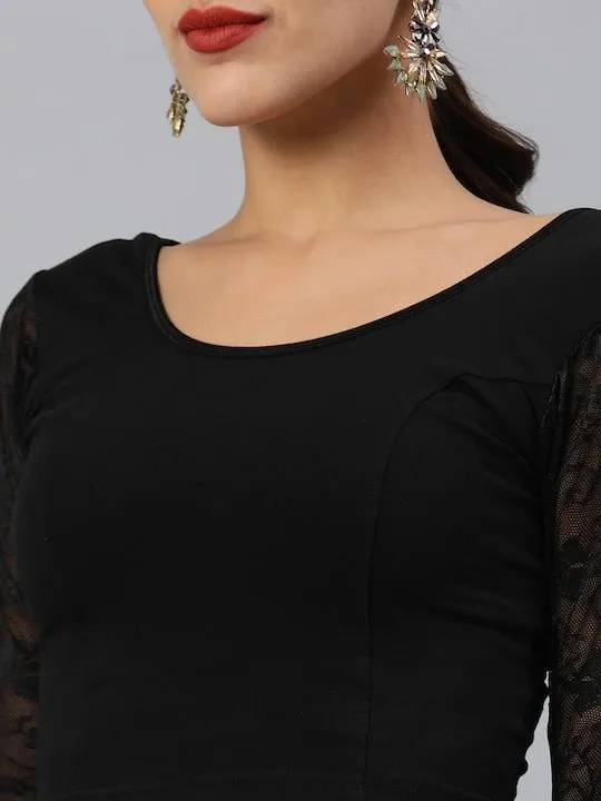 Black Cotton Stretch Saree Blouse with Lace Detail