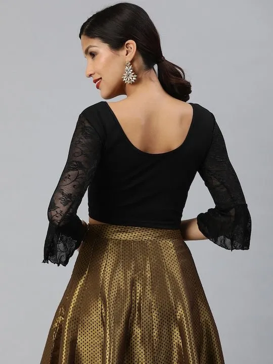 Black Cotton Stretch Saree Blouse with Lace Detail