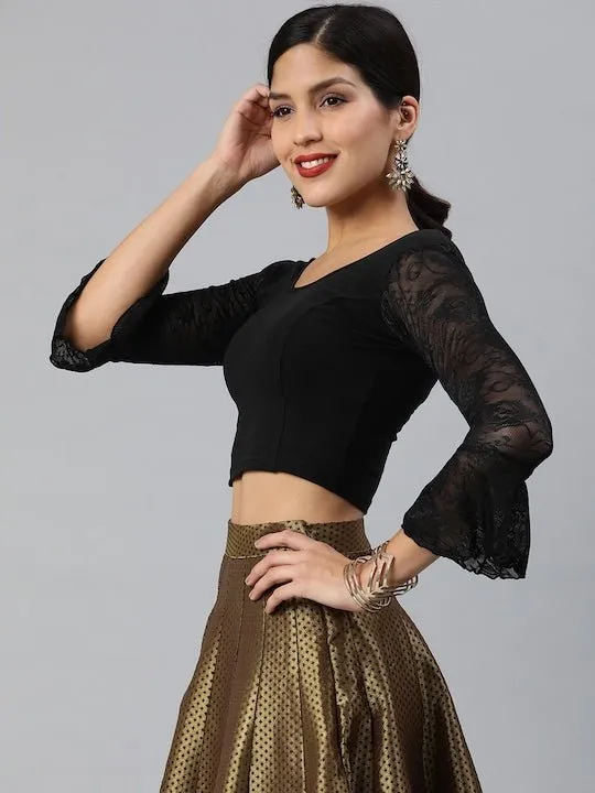 Black Cotton Stretch Saree Blouse with Lace Detail