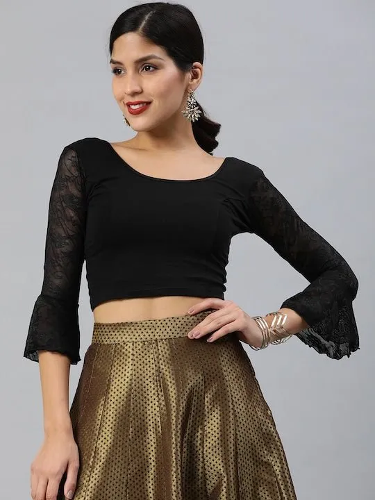 Black Cotton Stretch Saree Blouse with Lace Detail