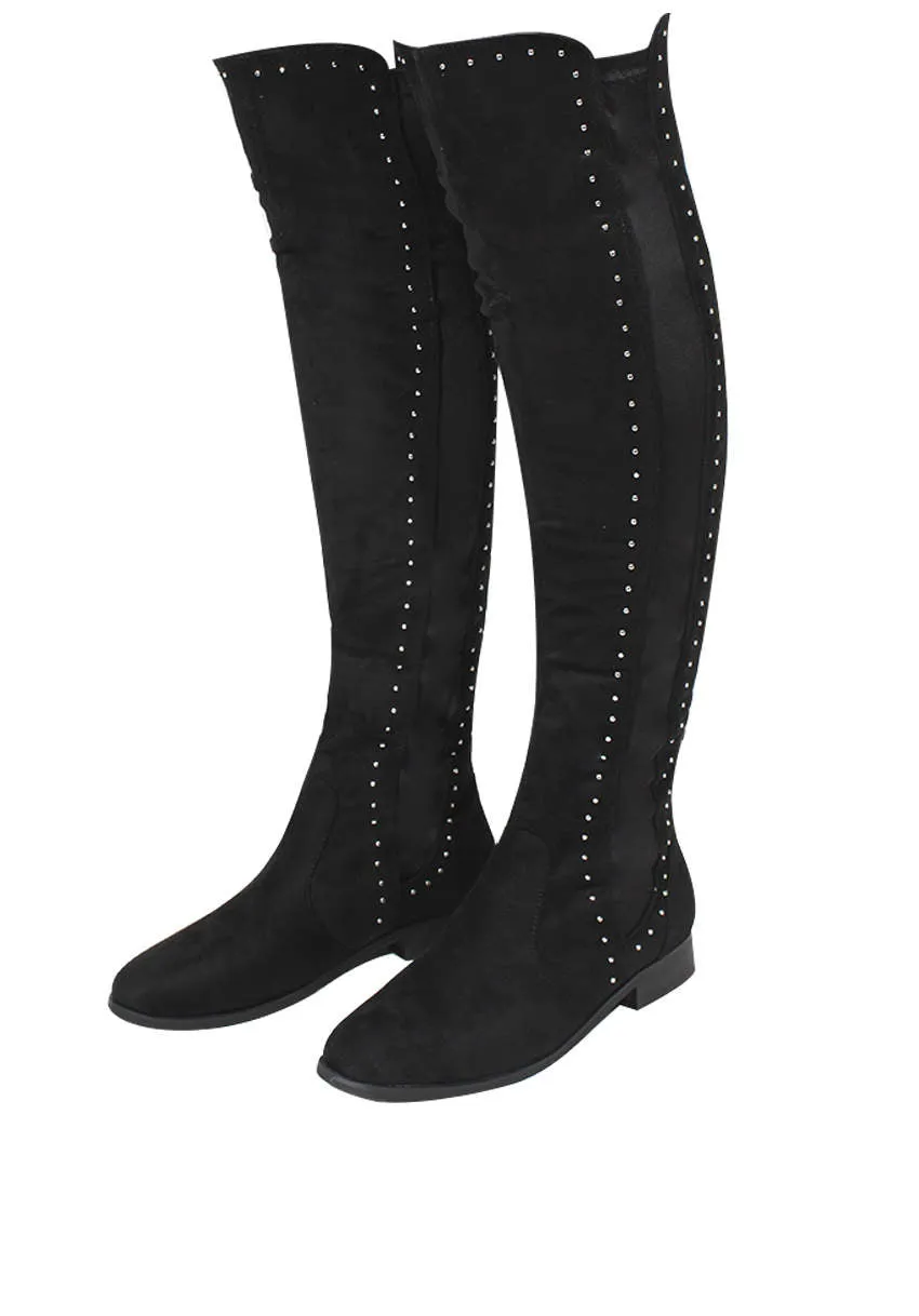 Black Suede Knee High Studded Boots