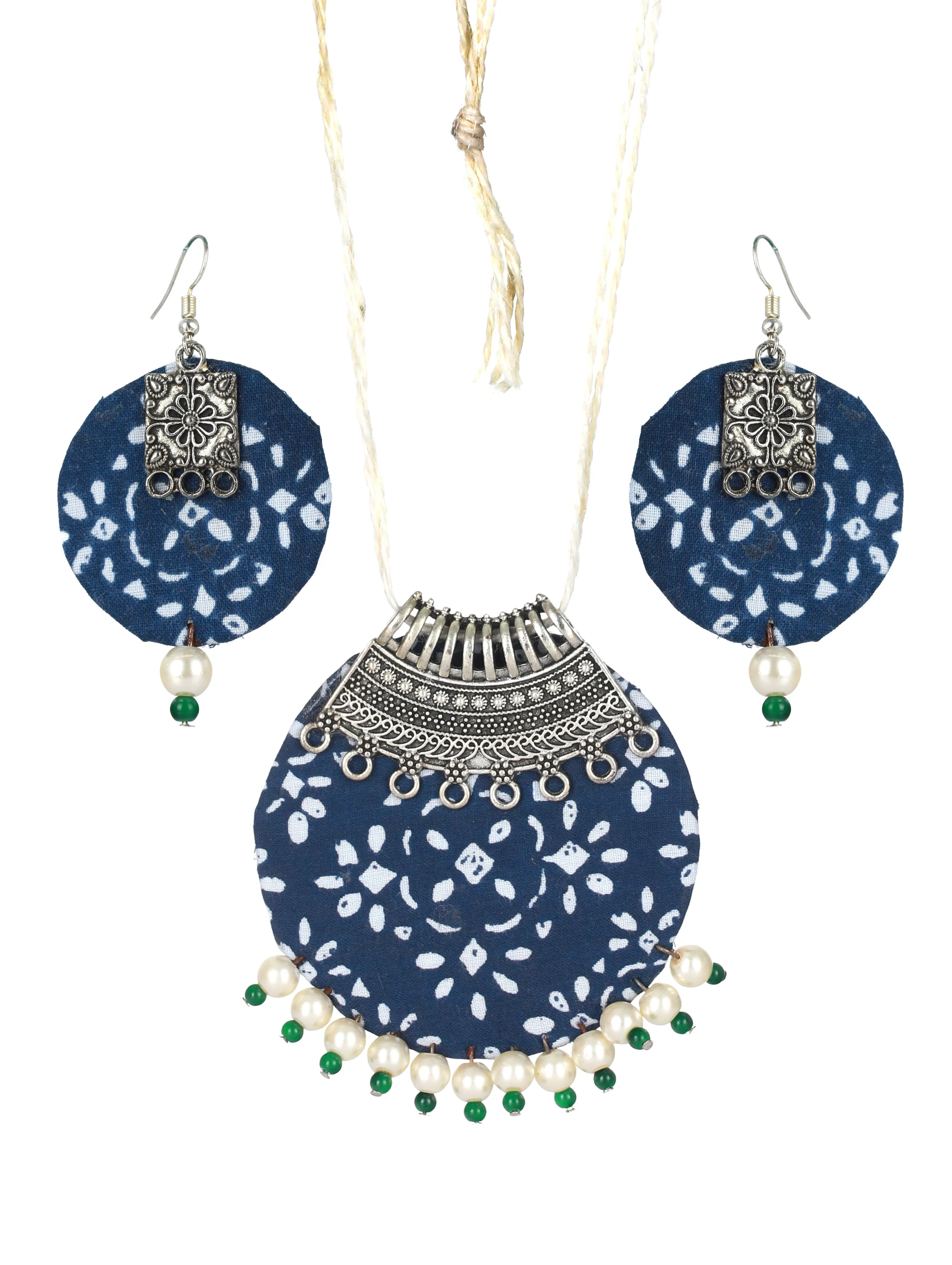 Blue And White Handpainted Fabric Material & Silver Work With White & Green Beads Jewellery Set