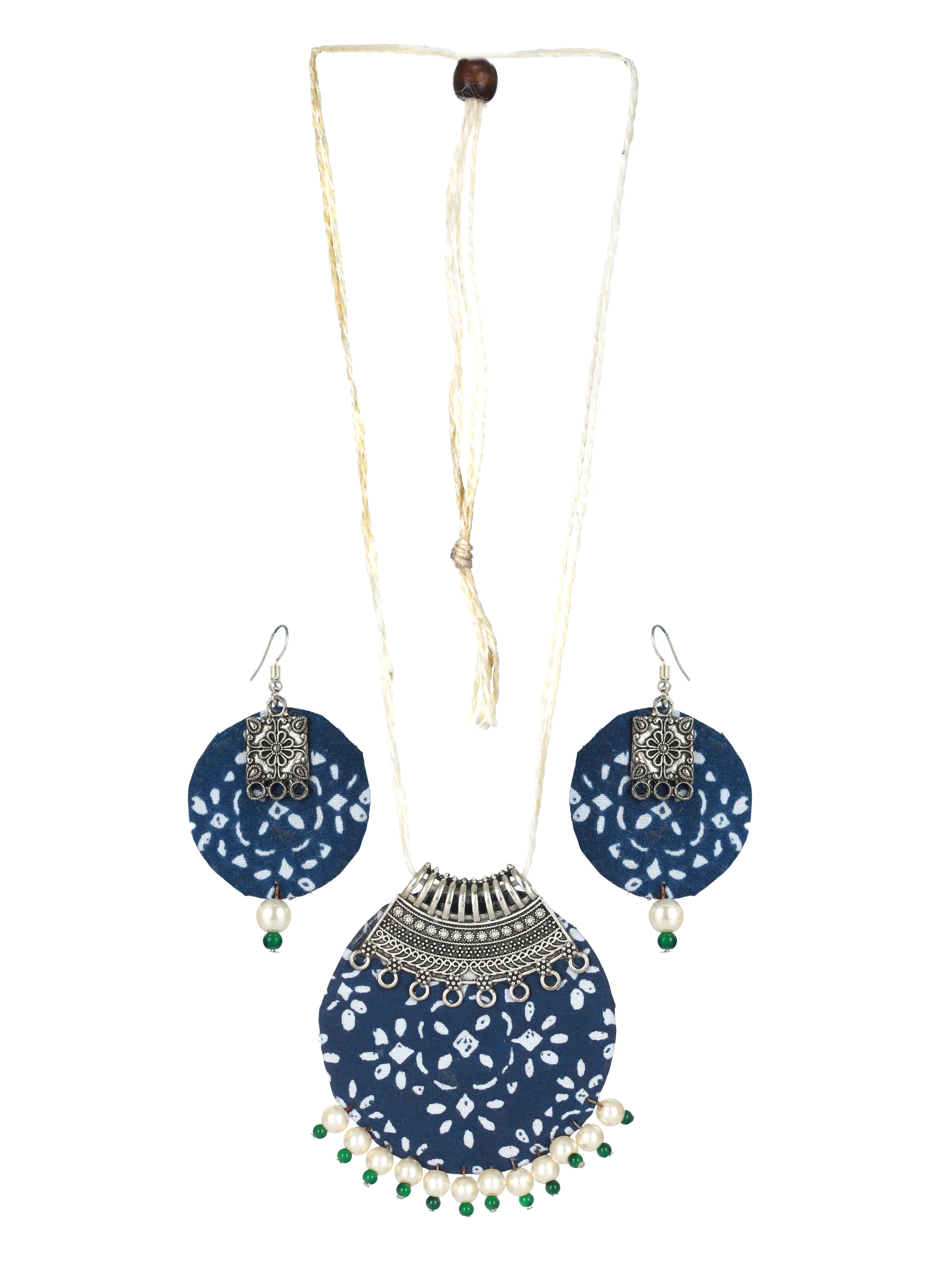 Blue And White Handpainted Fabric Material & Silver Work With White & Green Beads Jewellery Set