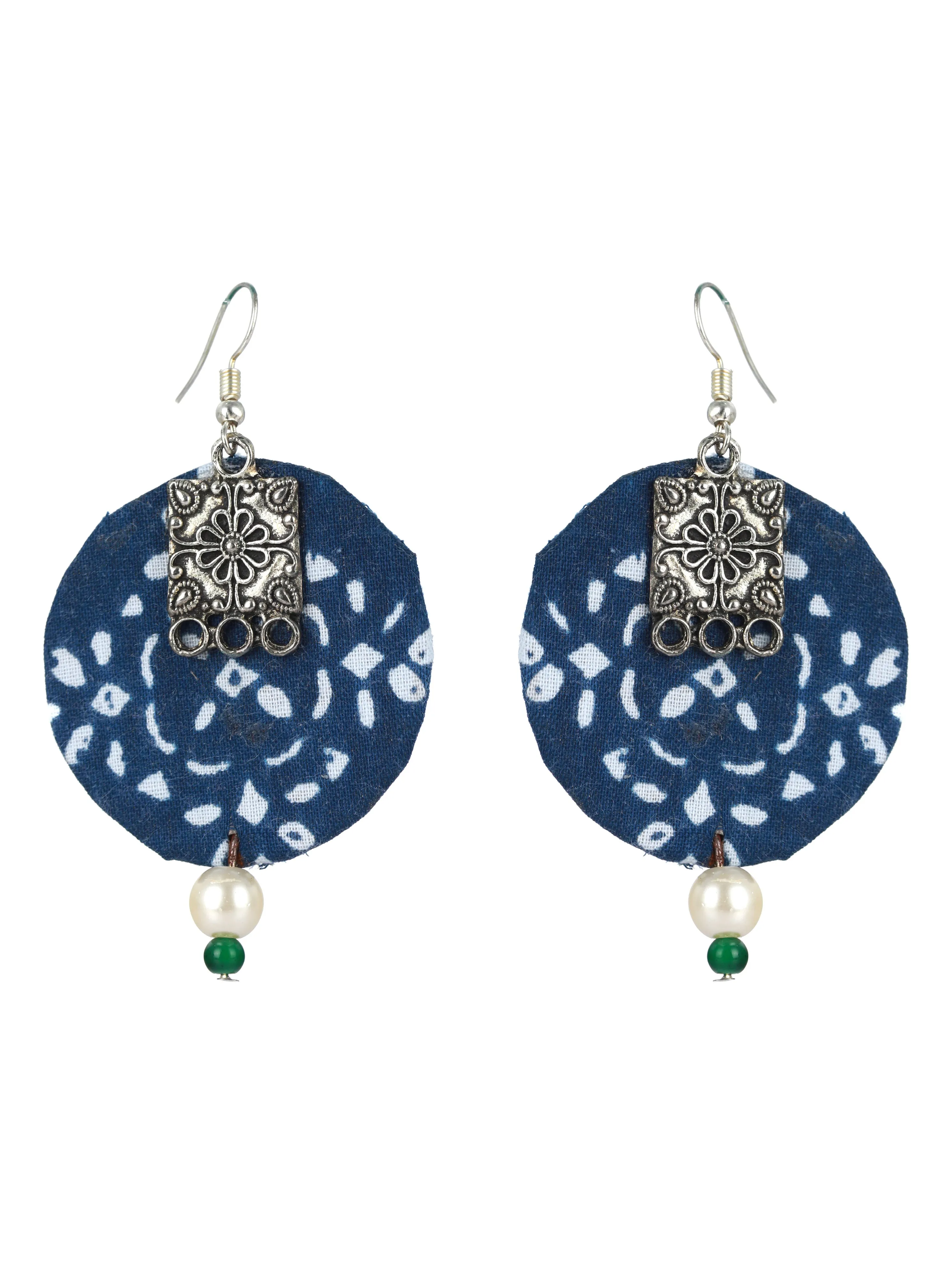 Blue And White Handpainted Fabric Material & Silver Work With White & Green Beads Jewellery Set