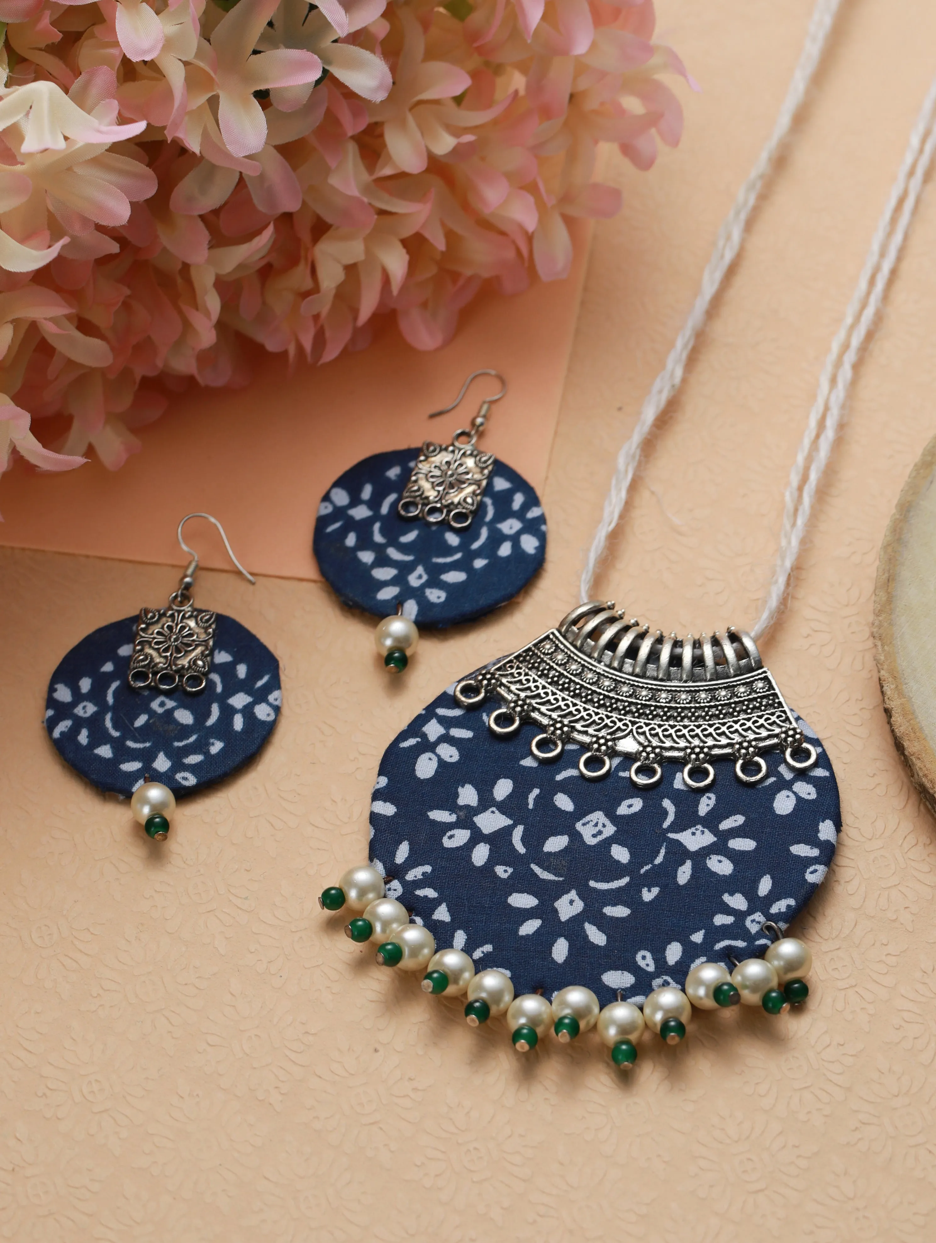 Blue And White Handpainted Fabric Material & Silver Work With White & Green Beads Jewellery Set